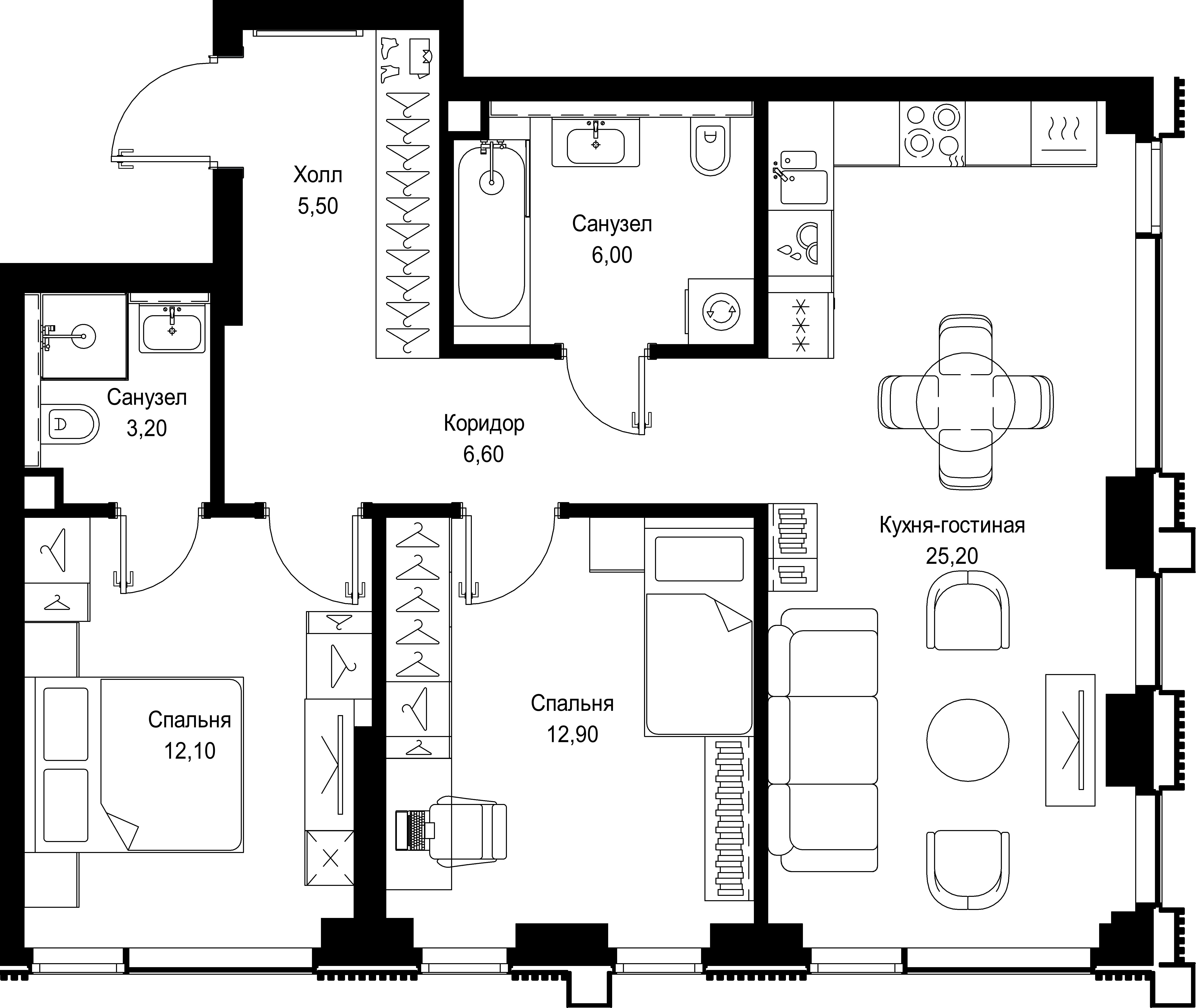 2 комн. квартира, 71.5 м², 26 этаж 