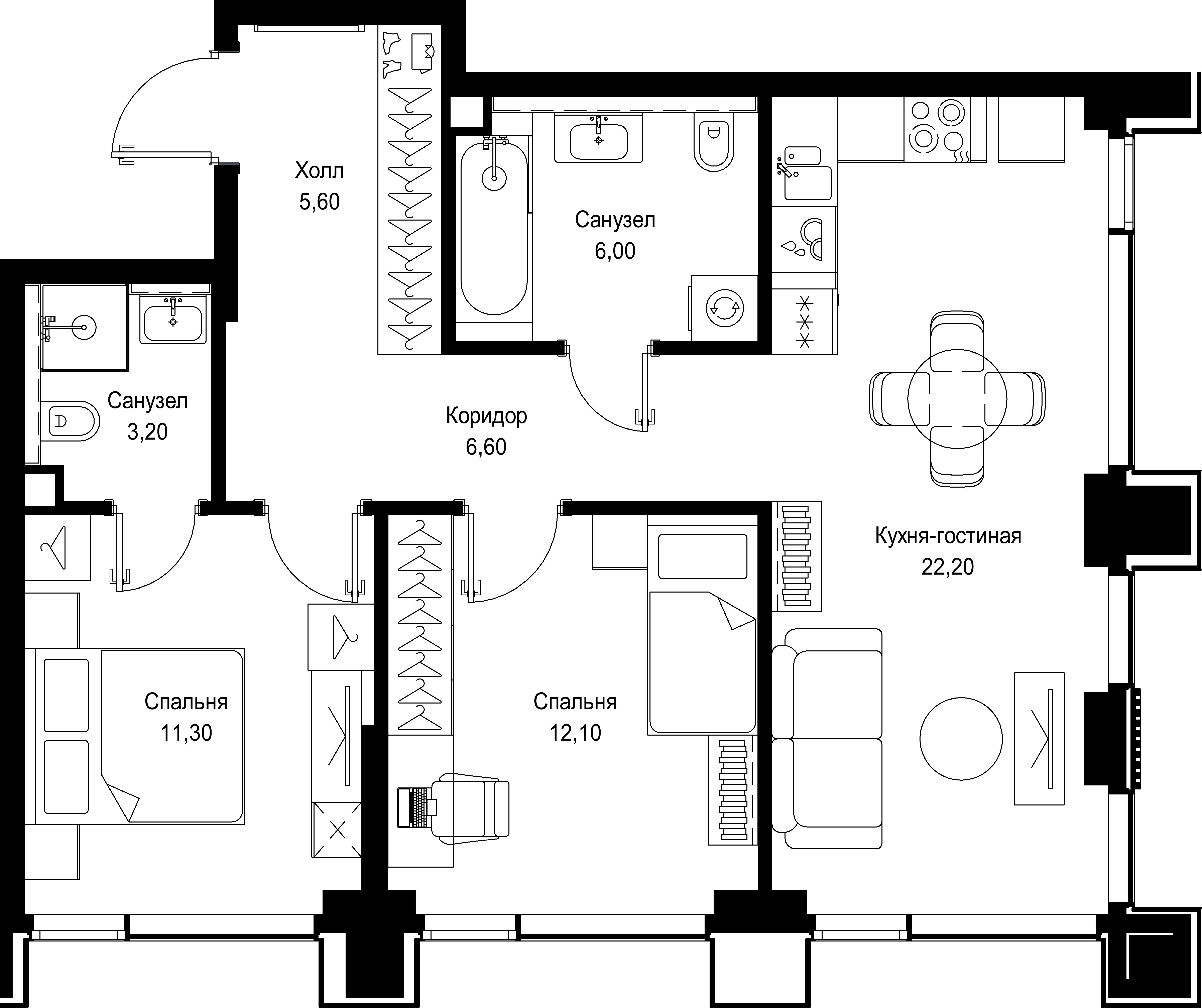 2 комн. квартира, 67 м², 33 этаж 