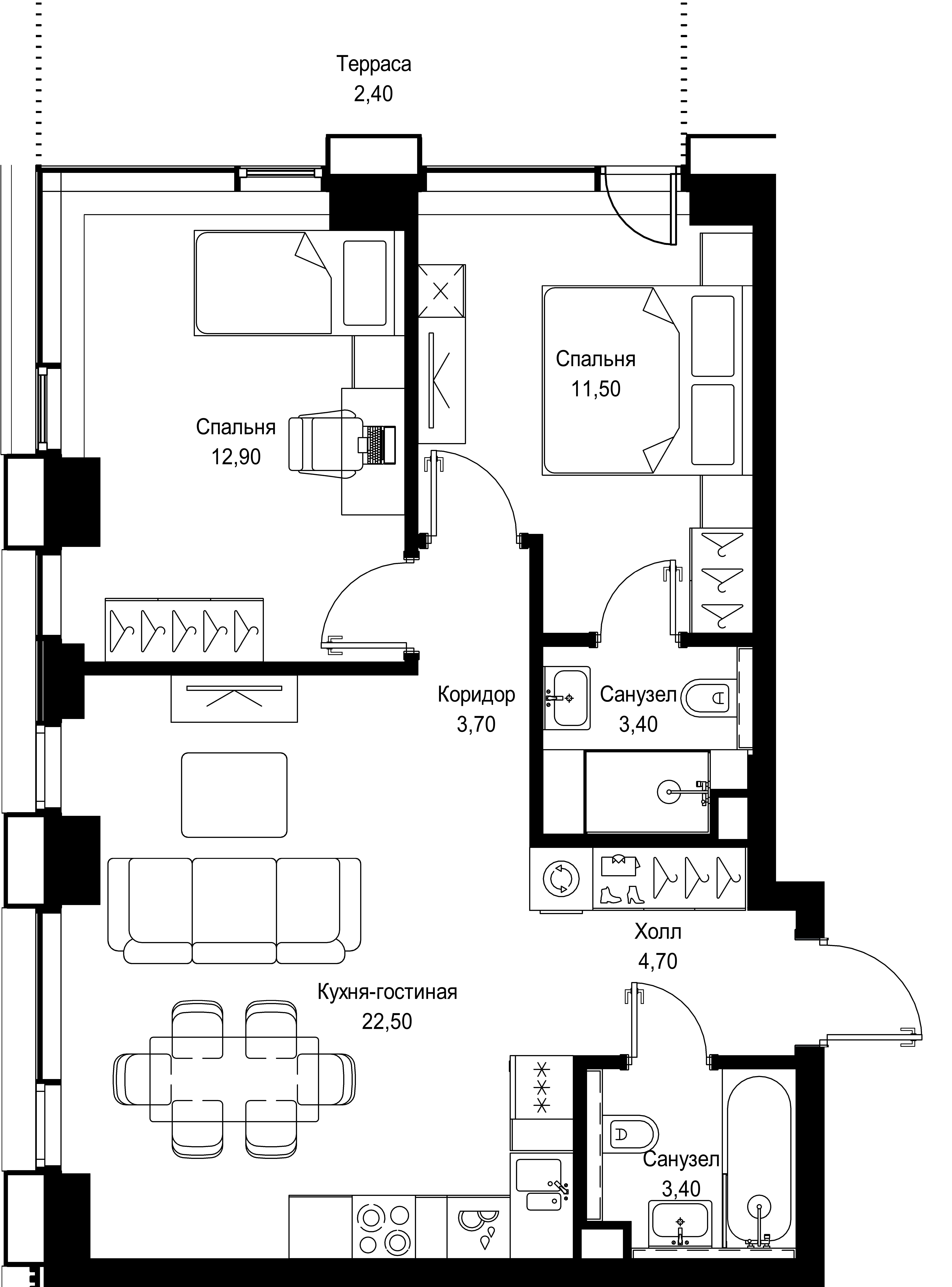 2 комн. квартира, 64.5 м², 5 этаж 