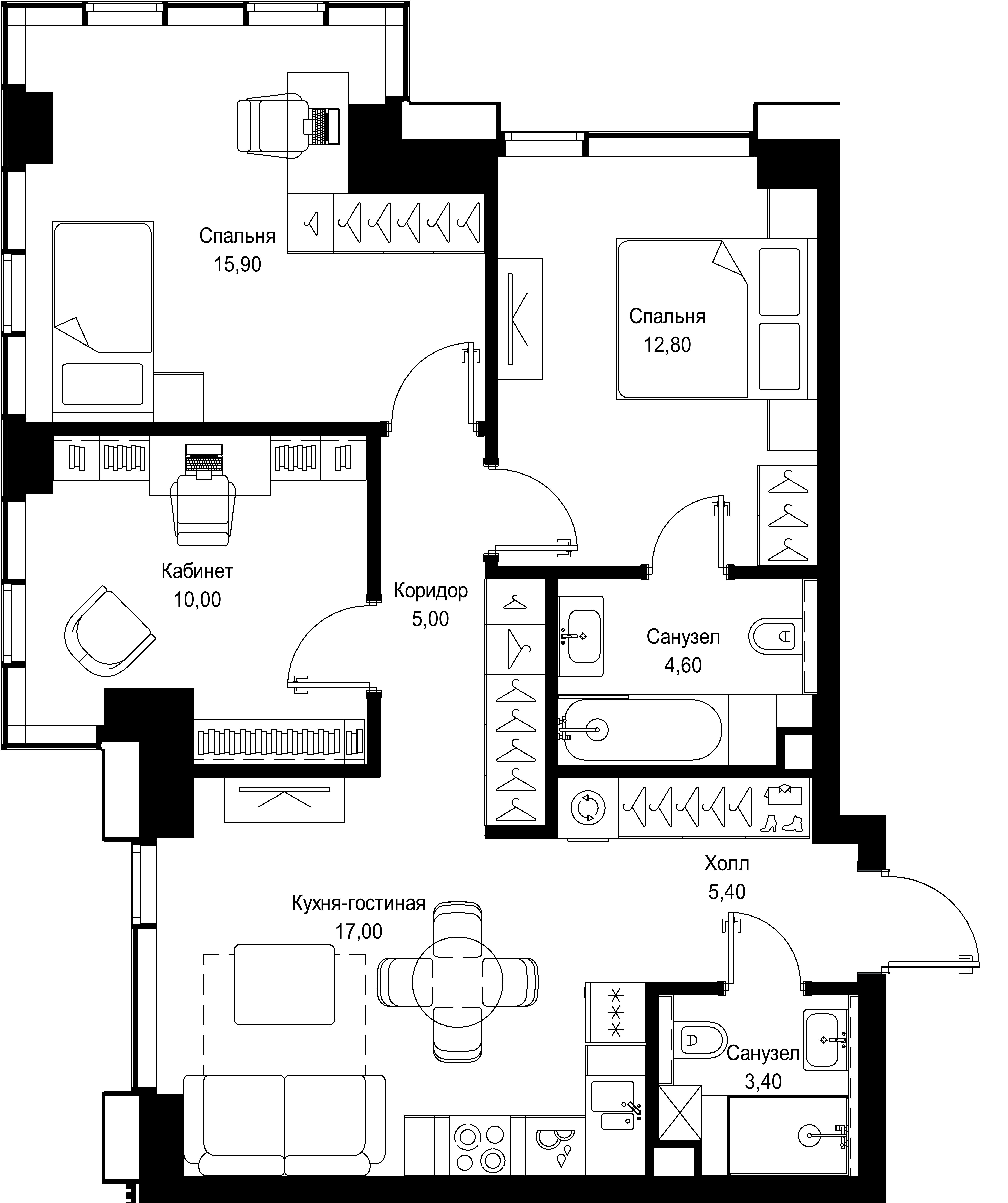 3 комн. квартира, 74.1 м², 10 этаж 