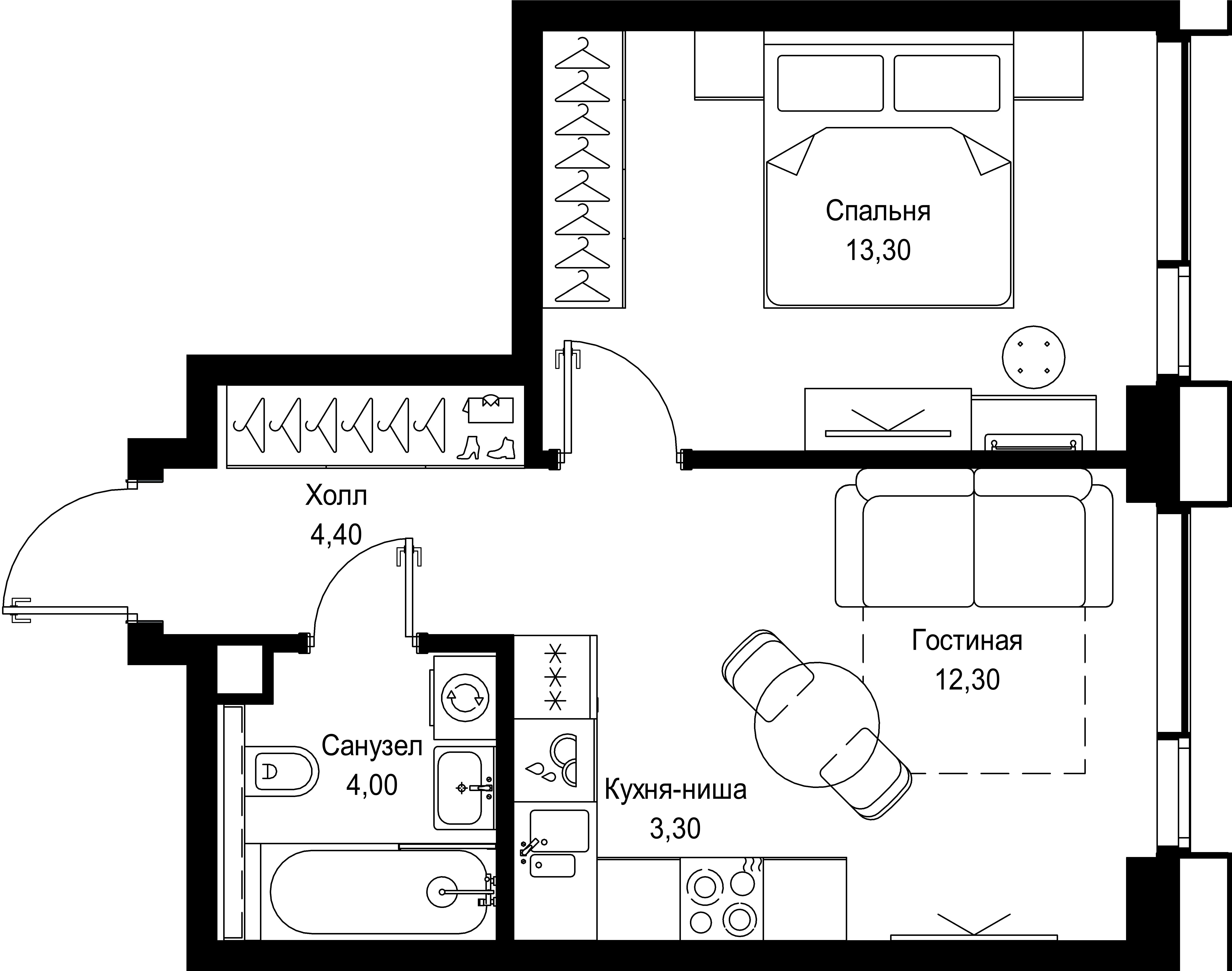 1 комн. квартира, 37.3 м², 28 этаж 