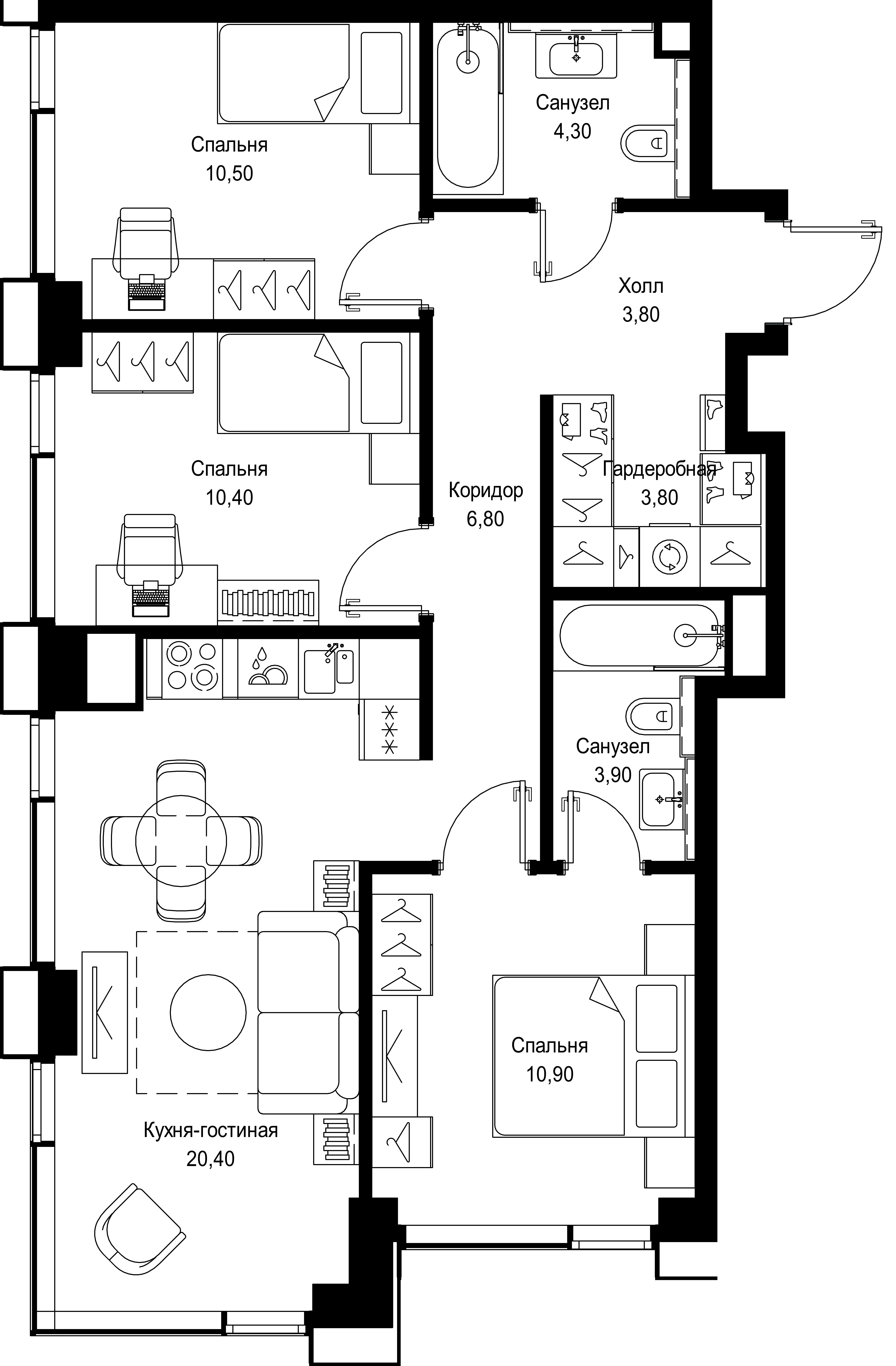 3 комн. квартира, 74.8 м², 18 этаж 