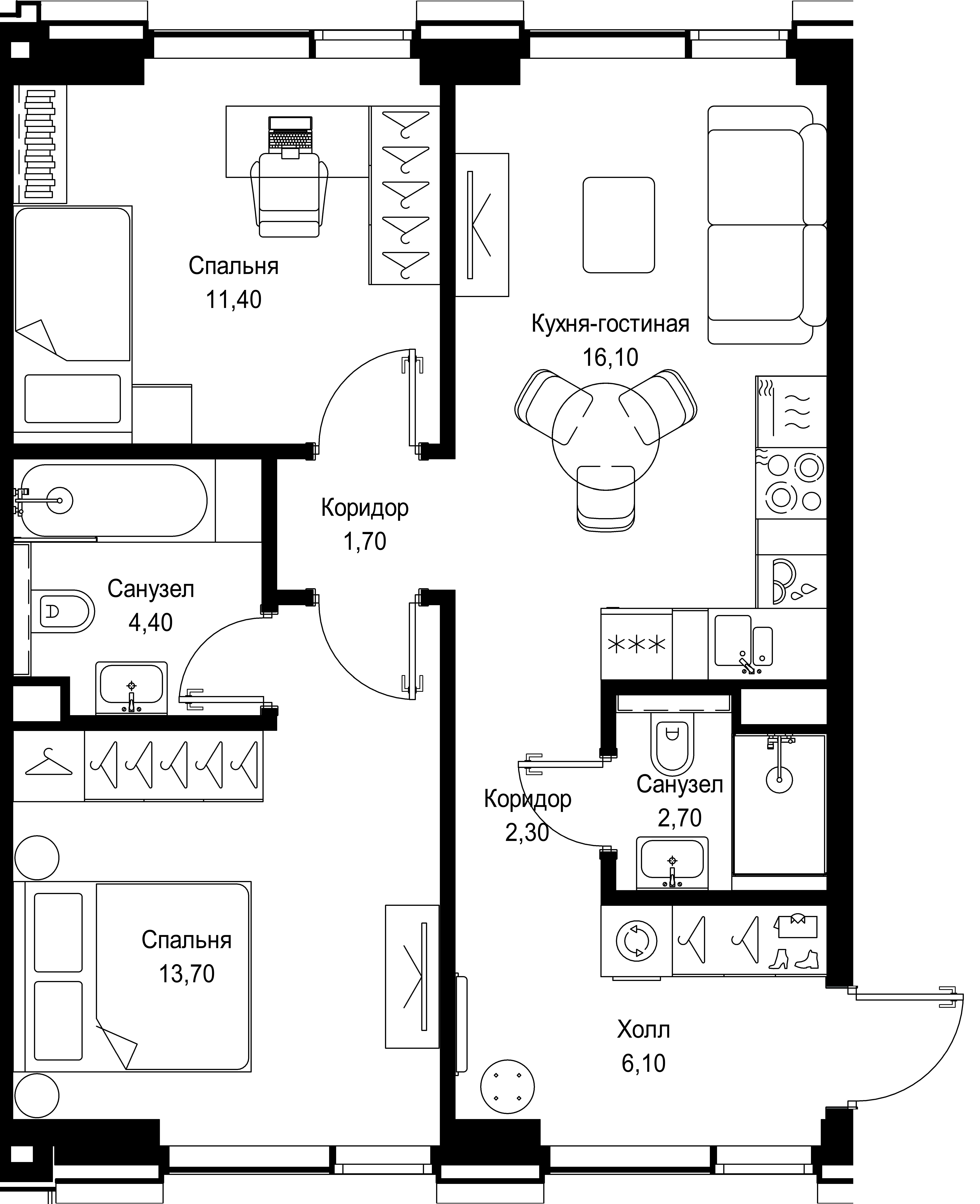 2 комн. квартира, 58.4 м², 2 этаж 