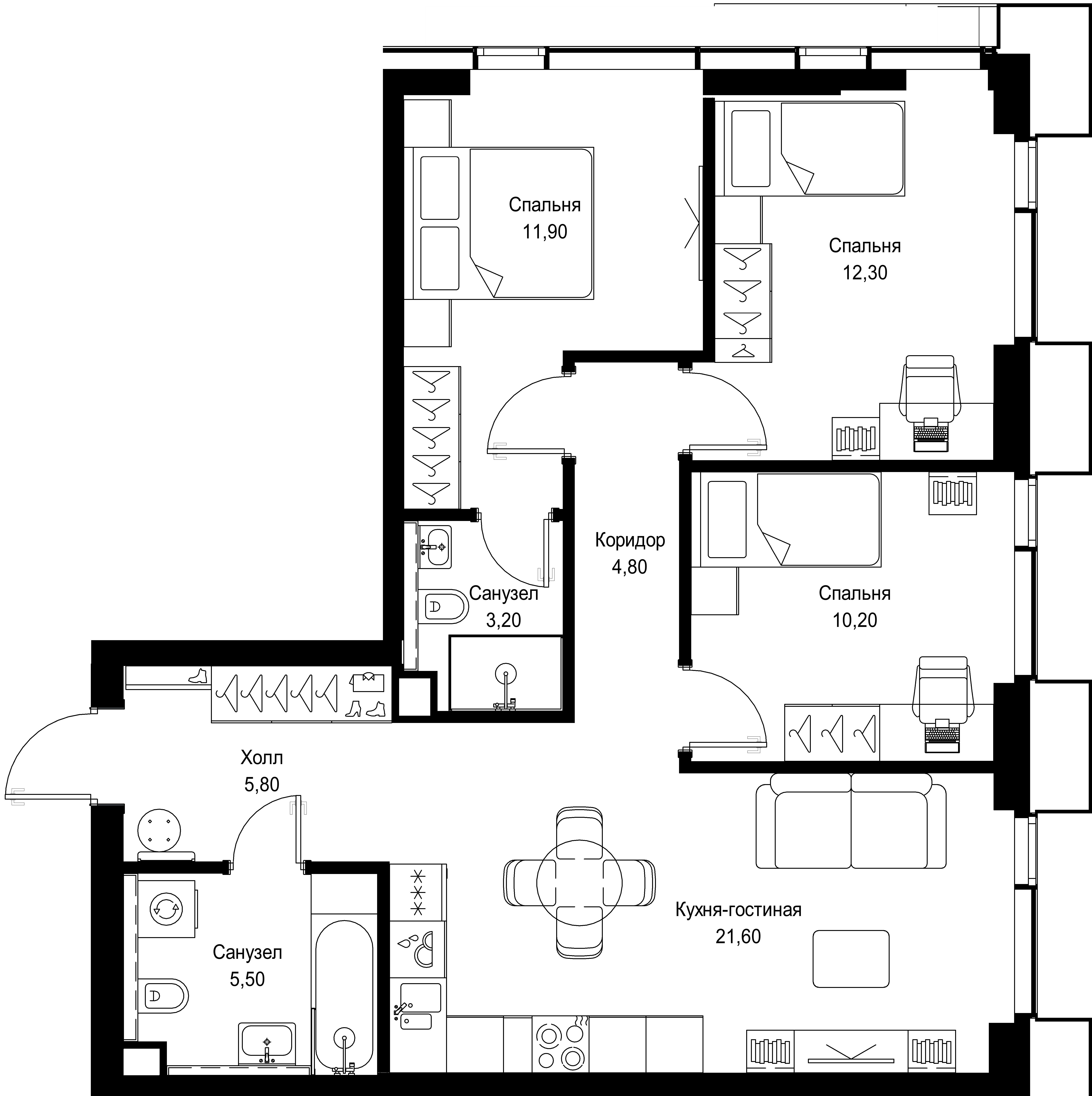 3 комн. квартира, 75.3 м², 47 этаж 