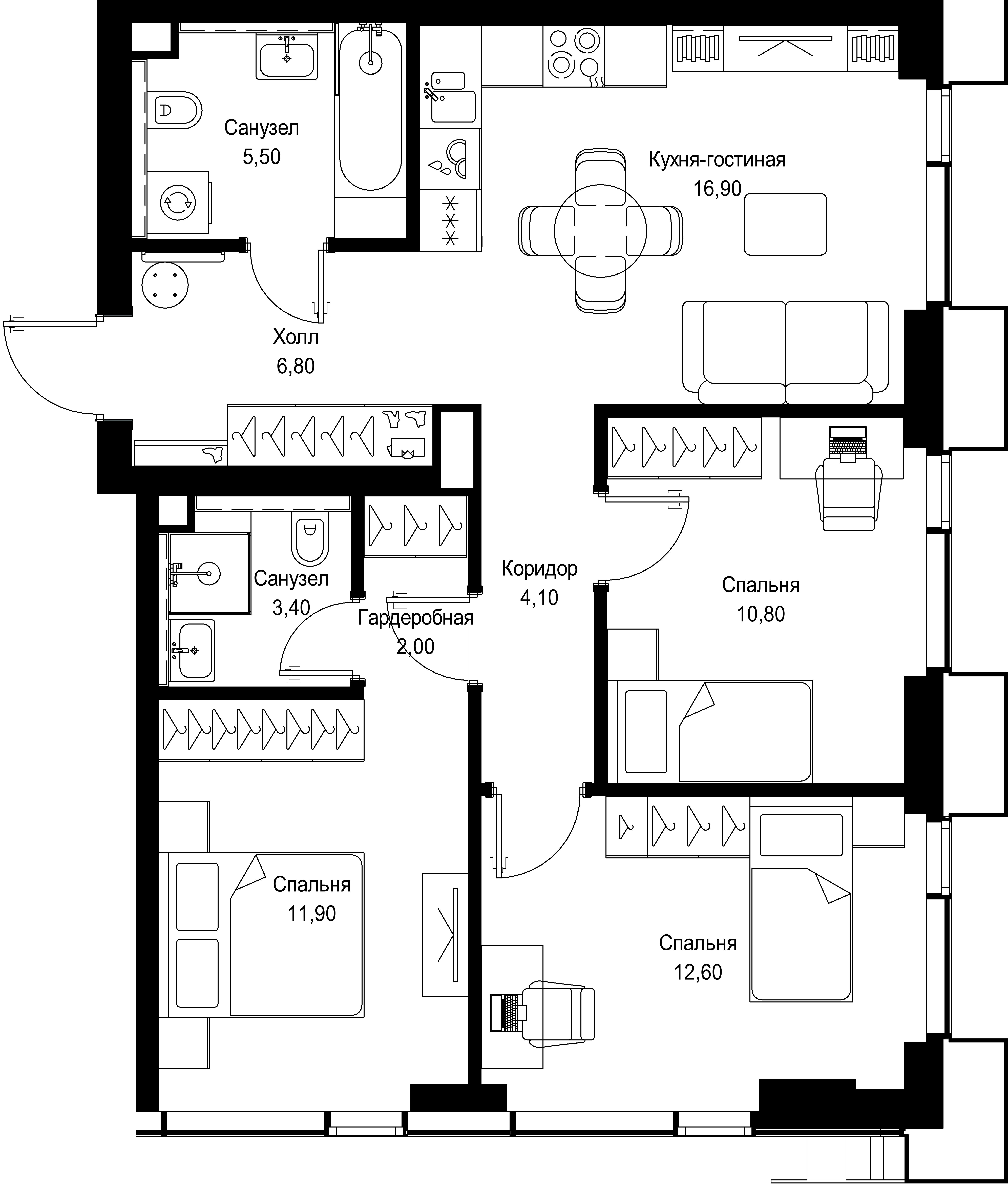 3 комн. квартира, 74 м², 44 этаж 