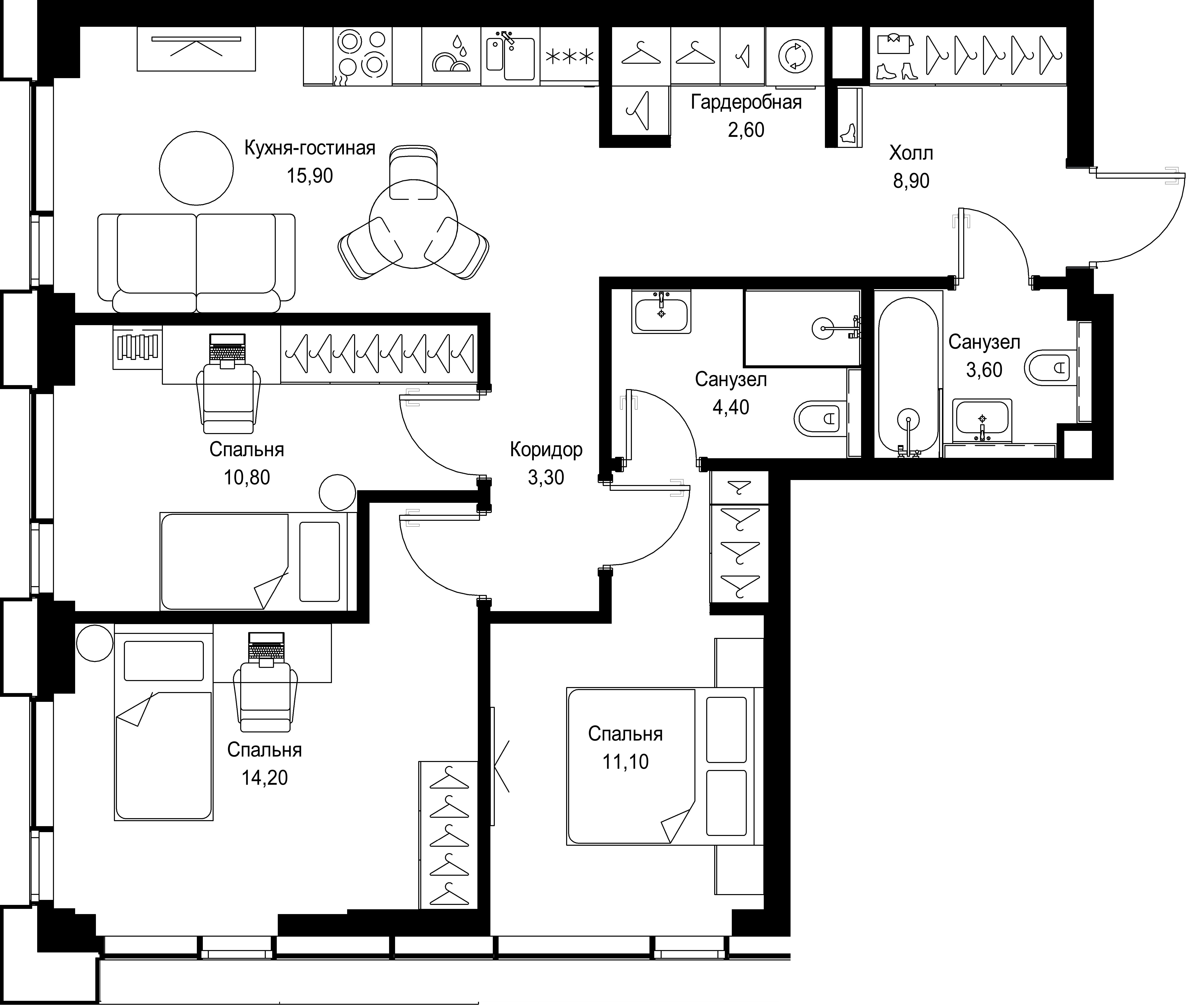 3 комн. квартира, 74.8 м², 39 этаж 