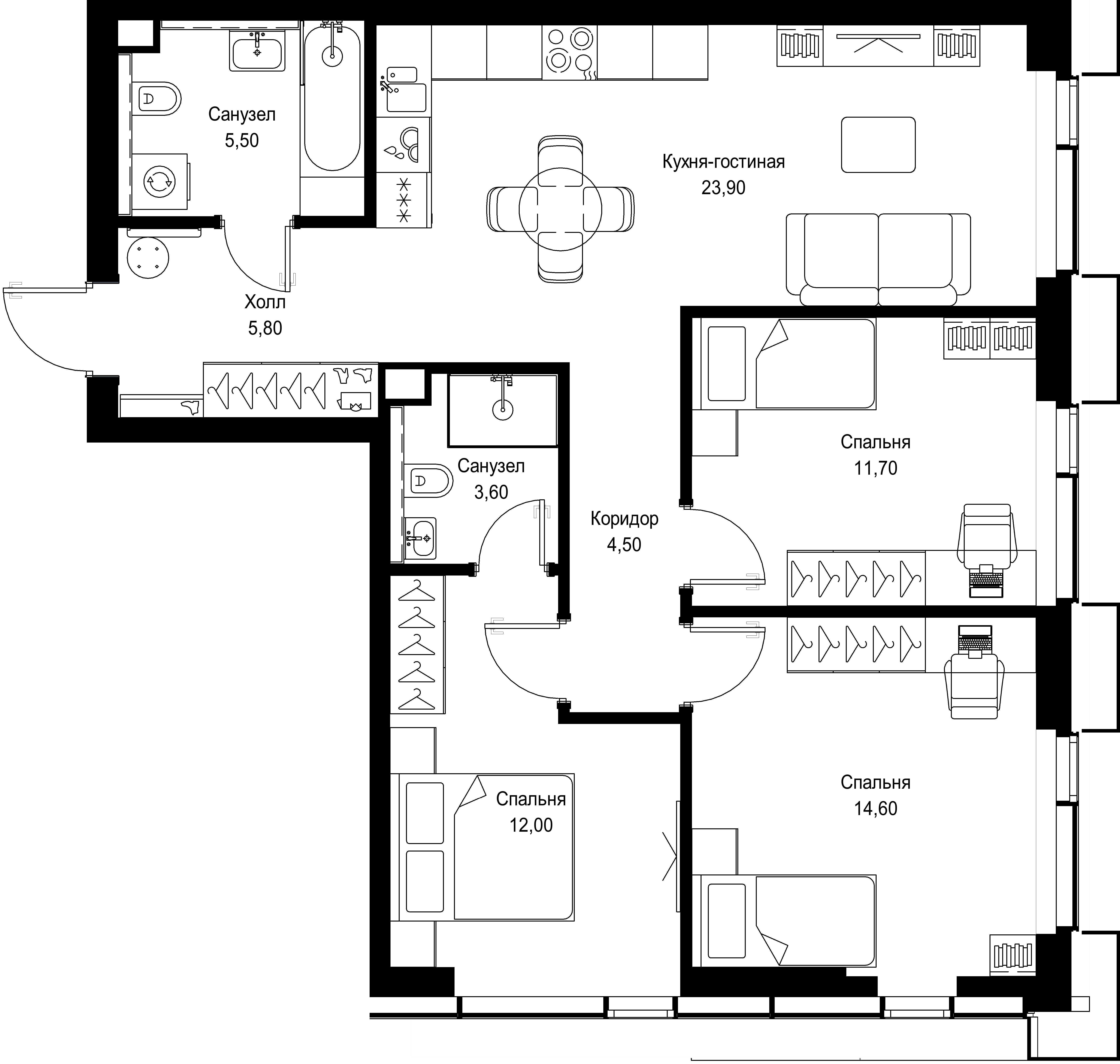 3 комн. квартира, 81.6 м², 29 этаж 