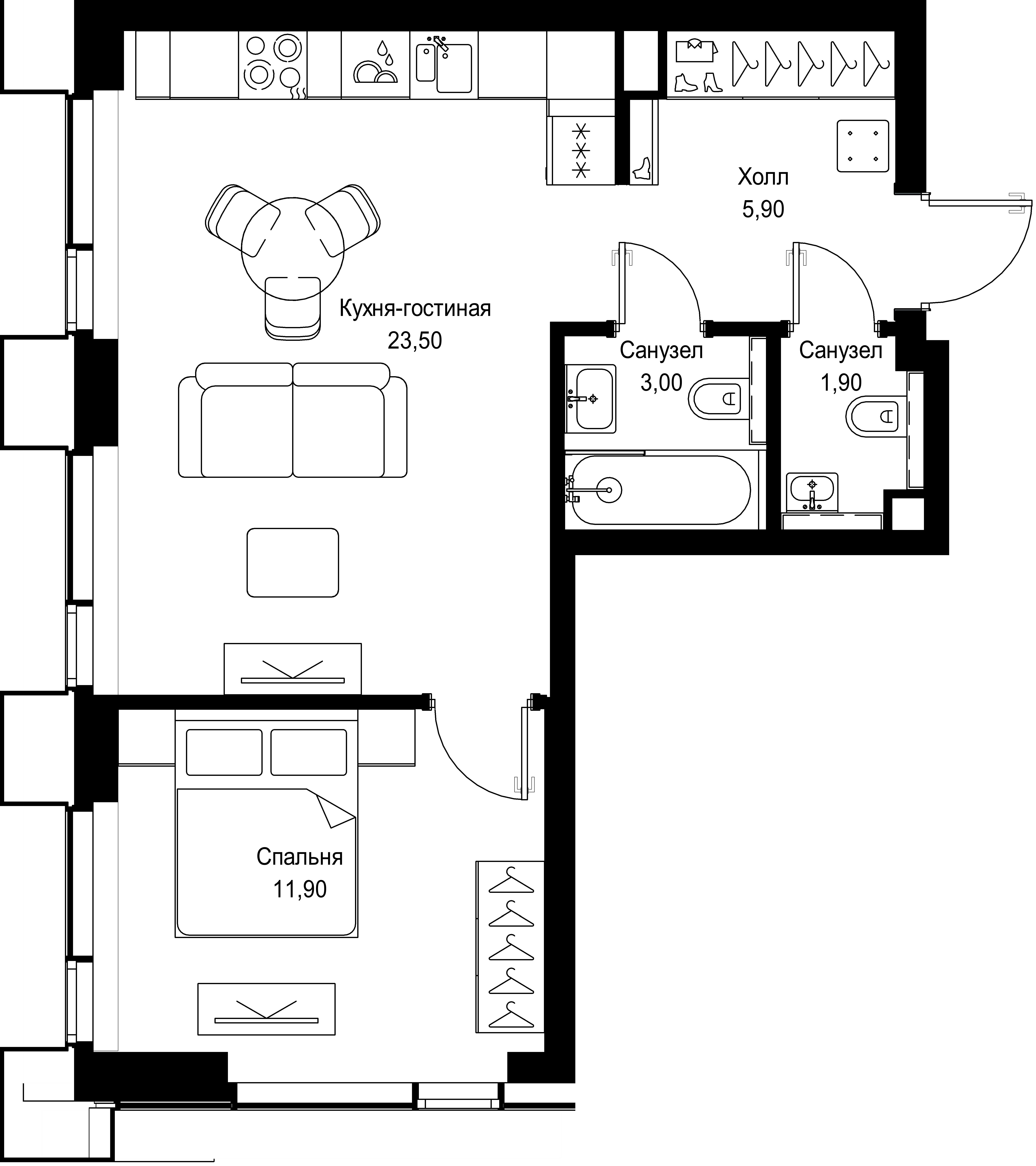 1 комн. квартира, 46.2 м², 47 этаж 