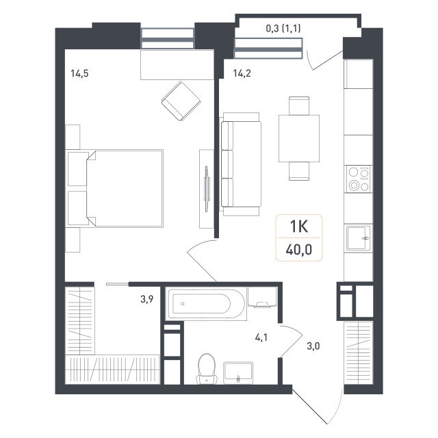 1 комн. квартира, 40 м², 8 этаж 