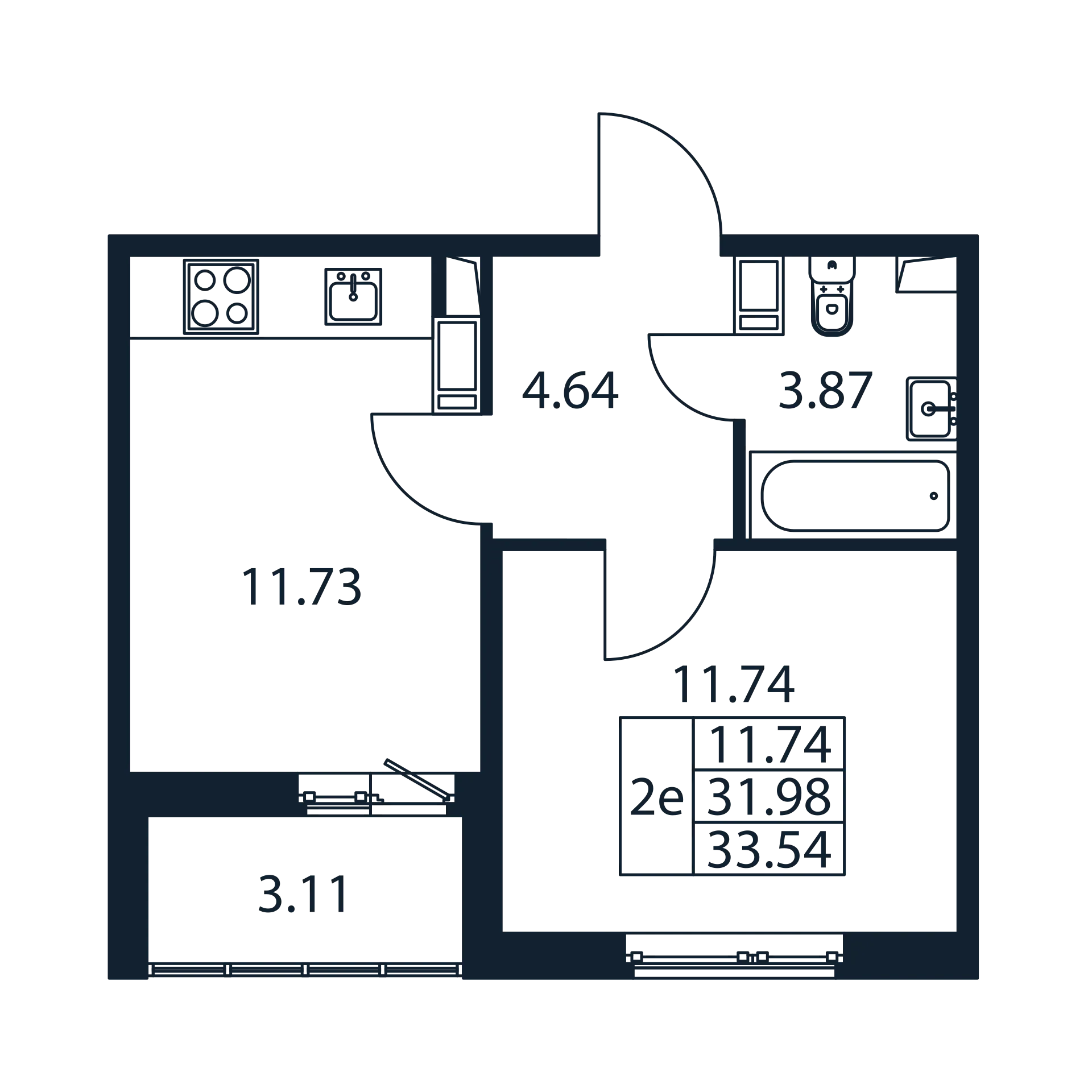 2 комн. квартира, 31.6 м², 4 этаж 