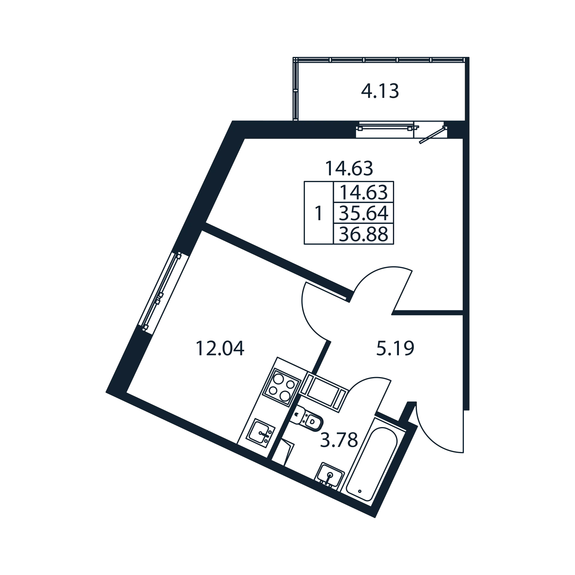 1 комн. квартира, 35.2 м², 4 этаж 