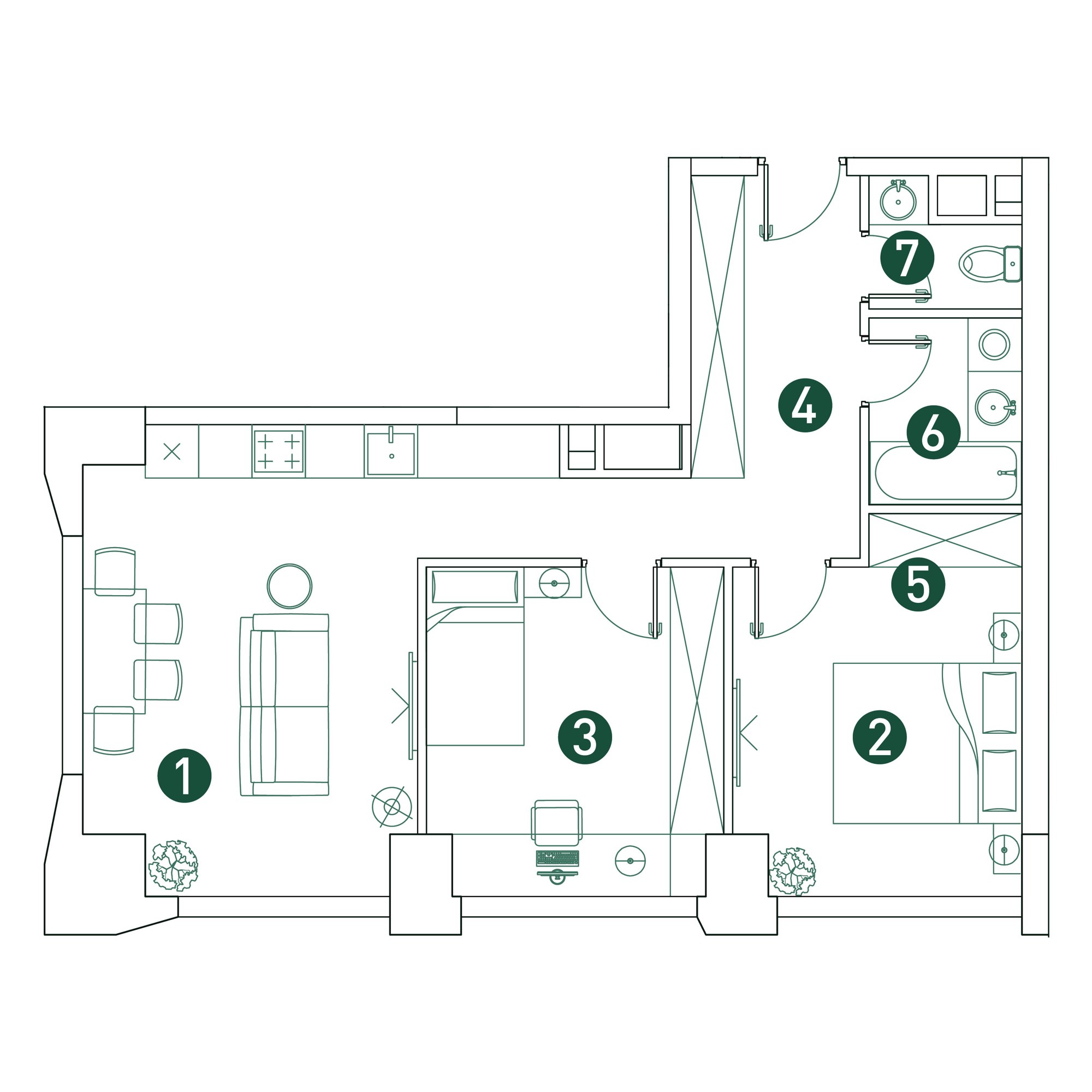 3 комн. квартира, 60.7 м², 2 этаж 