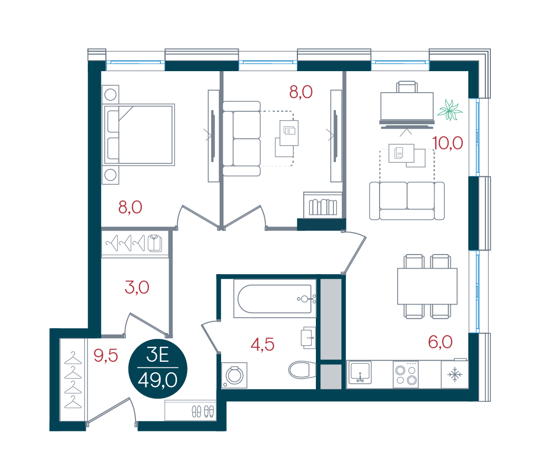 3 комн. квартира, 49 м², 29 этаж 