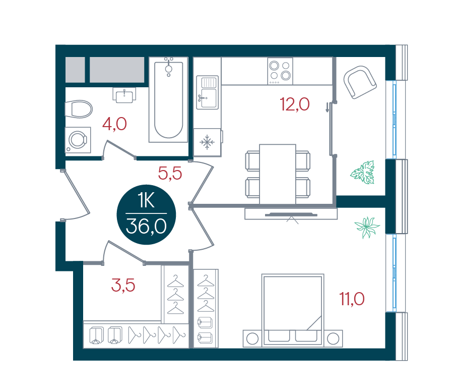 1 комн. квартира, 36 м², 29 этаж 