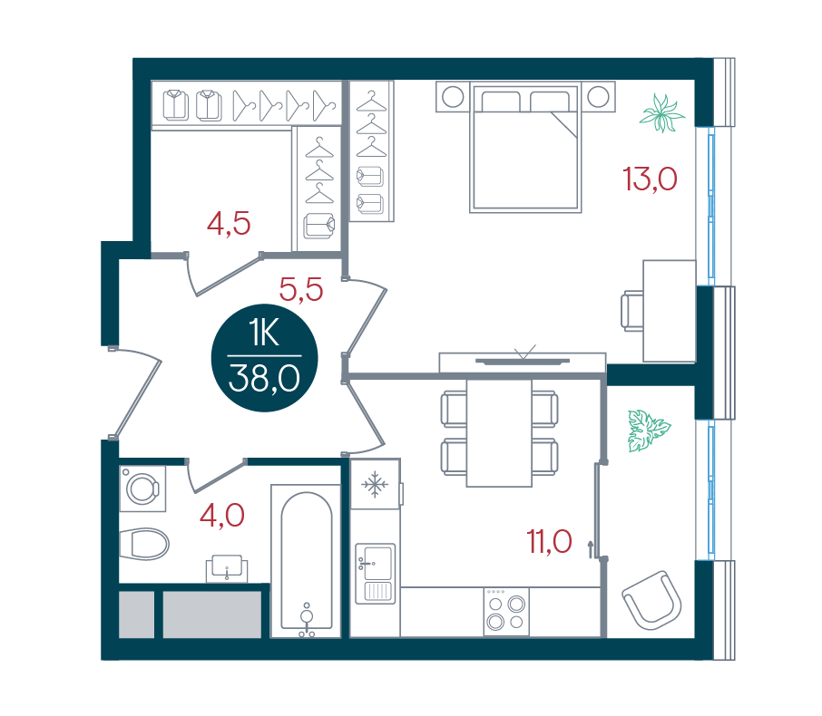 1 комн. квартира, 38 м², 29 этаж 