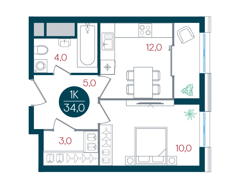 1 комн. квартира, 34 м², 29 этаж 