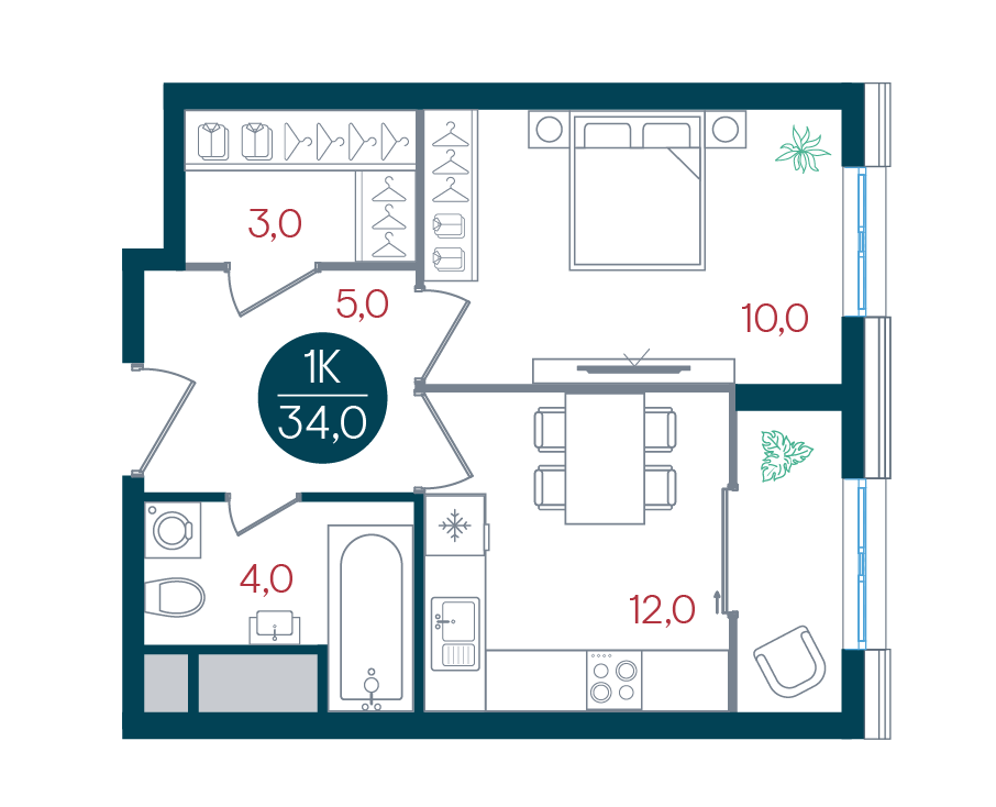 1 комн. квартира, 34 м², 29 этаж 