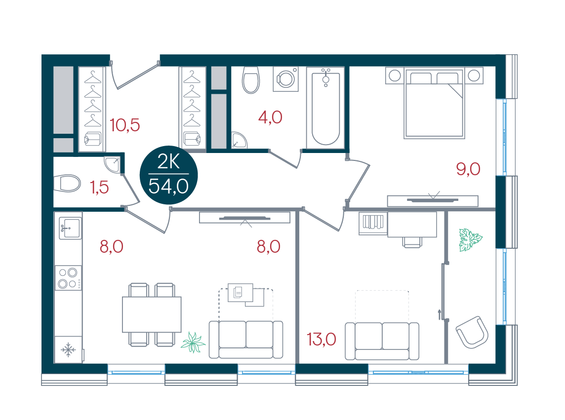2 комн. квартира, 54 м², 29 этаж 