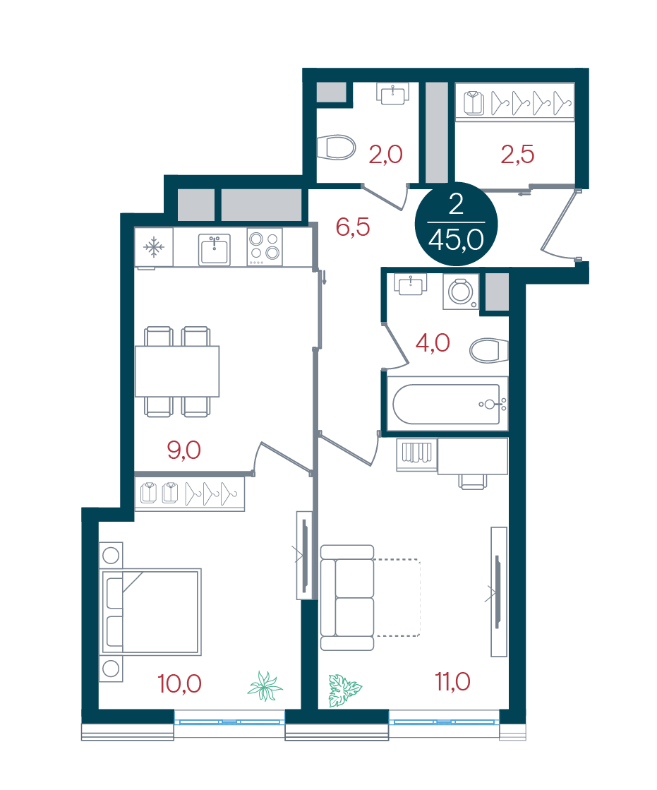 2 комн. квартира, 45 м², 29 этаж 
