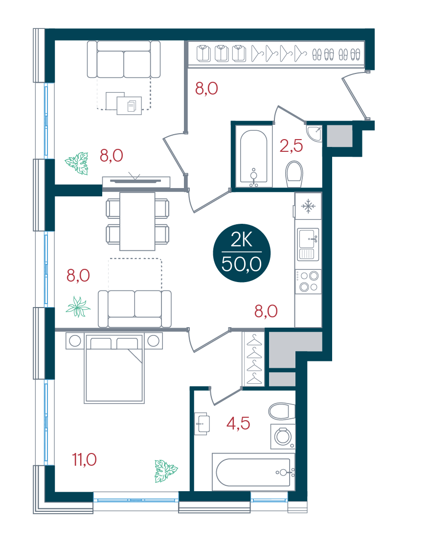 2 комн. квартира, 50 м², 29 этаж 