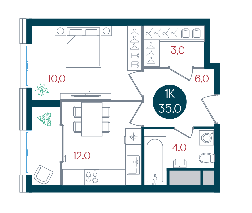 1 комн. квартира, 35 м², 29 этаж 