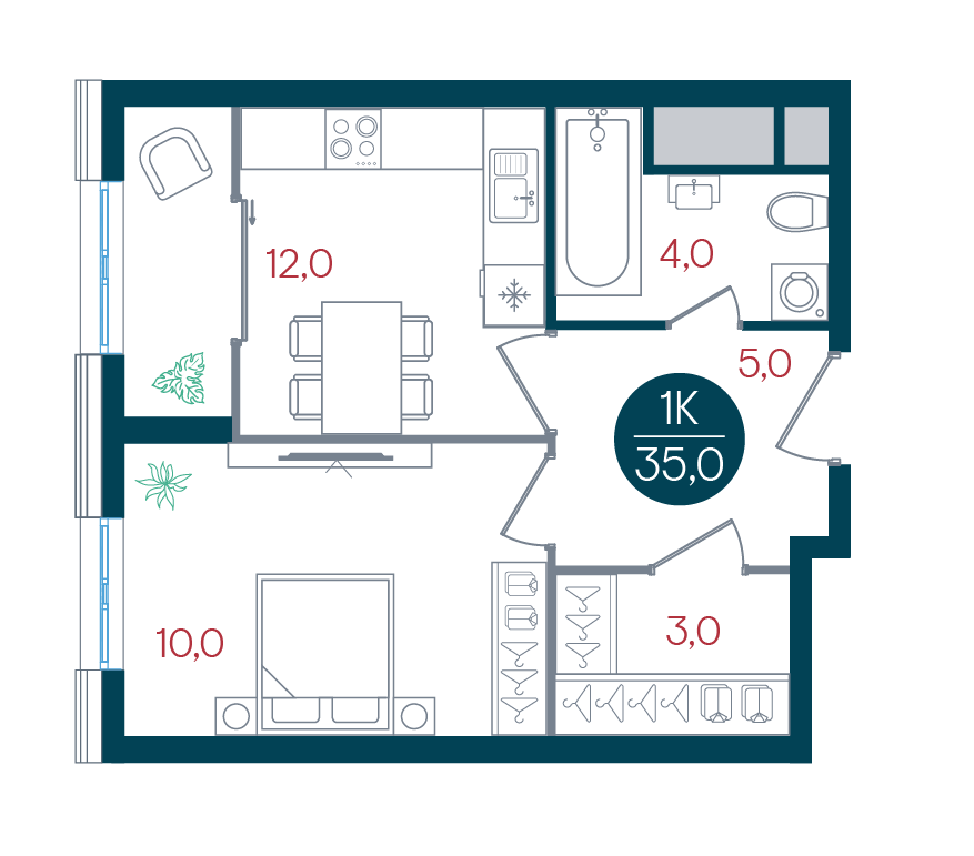 1 комн. квартира, 35 м², 29 этаж 