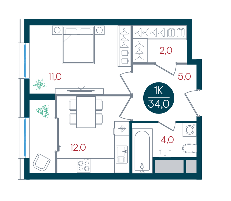 1 комн. квартира, 34 м², 29 этаж 