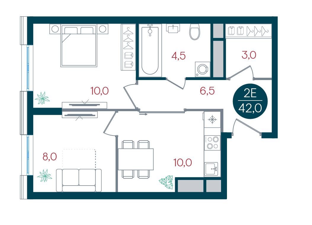 2 комн. квартира, 42 м², 29 этаж 