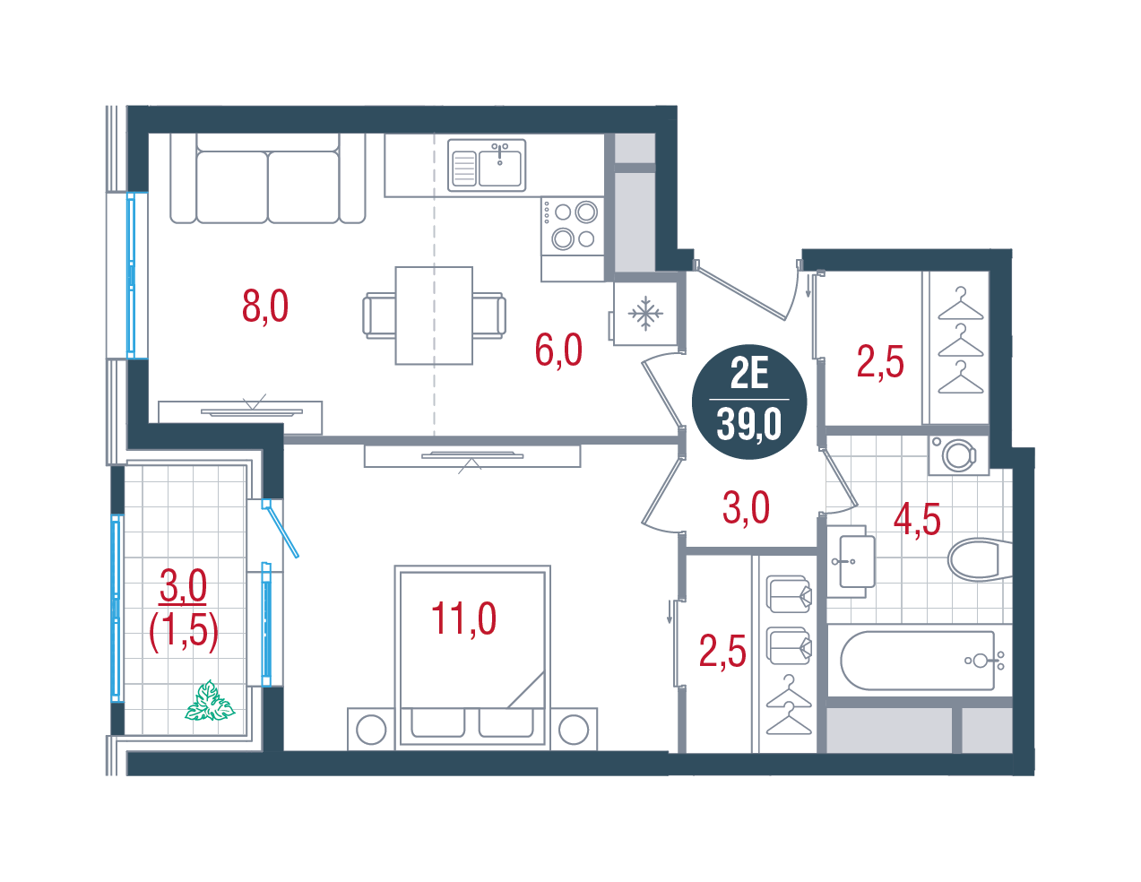 2 комн. квартира, 39 м², 27 этаж 