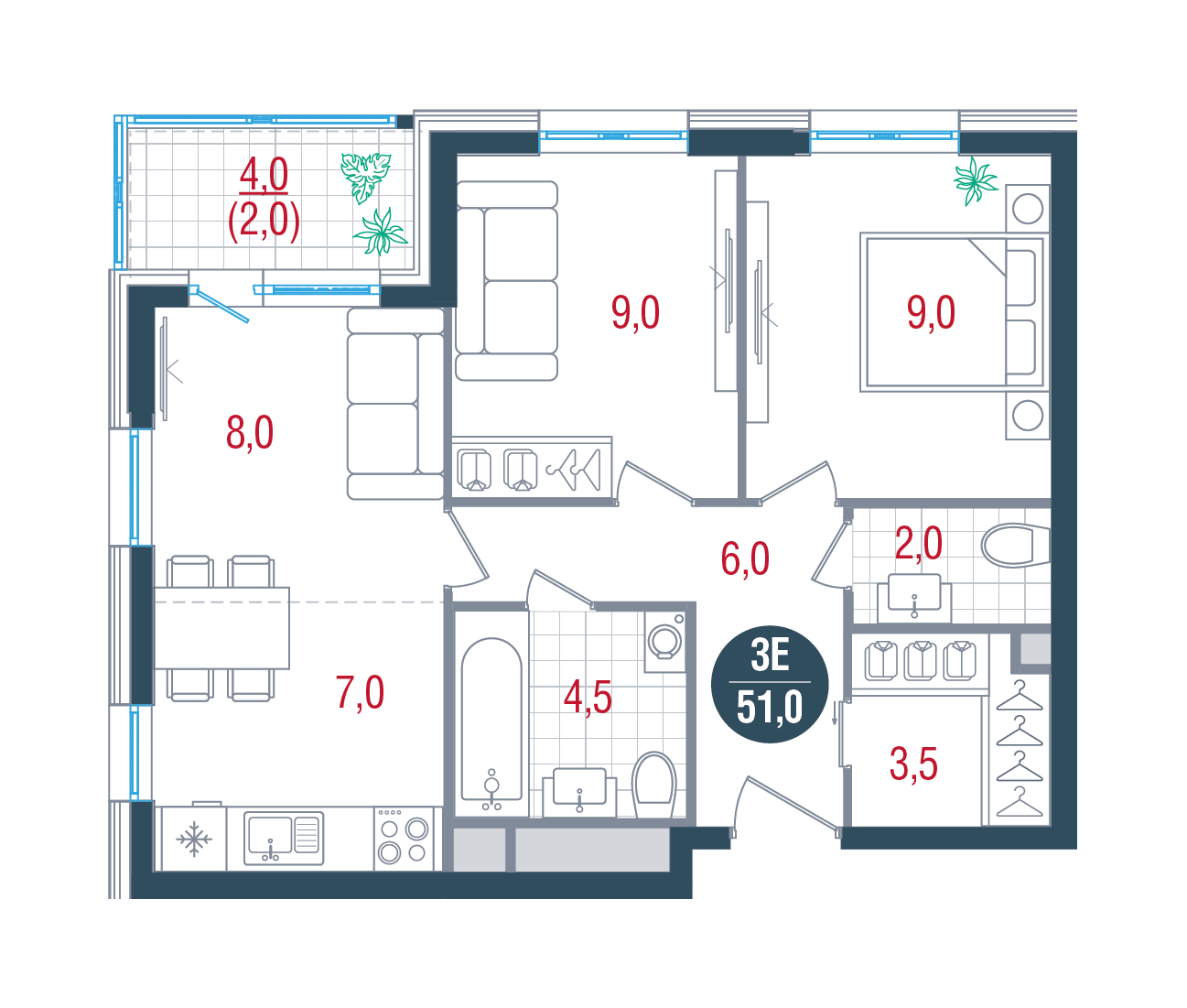 3 комн. квартира, 51 м², 27 этаж 
