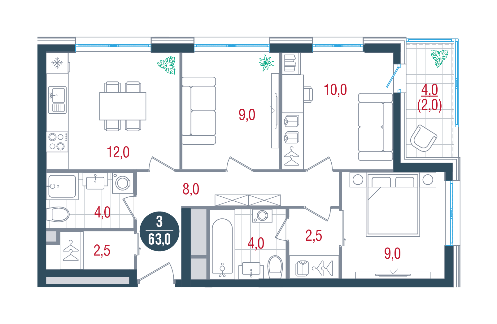 3 комн. квартира, 63 м², 27 этаж 