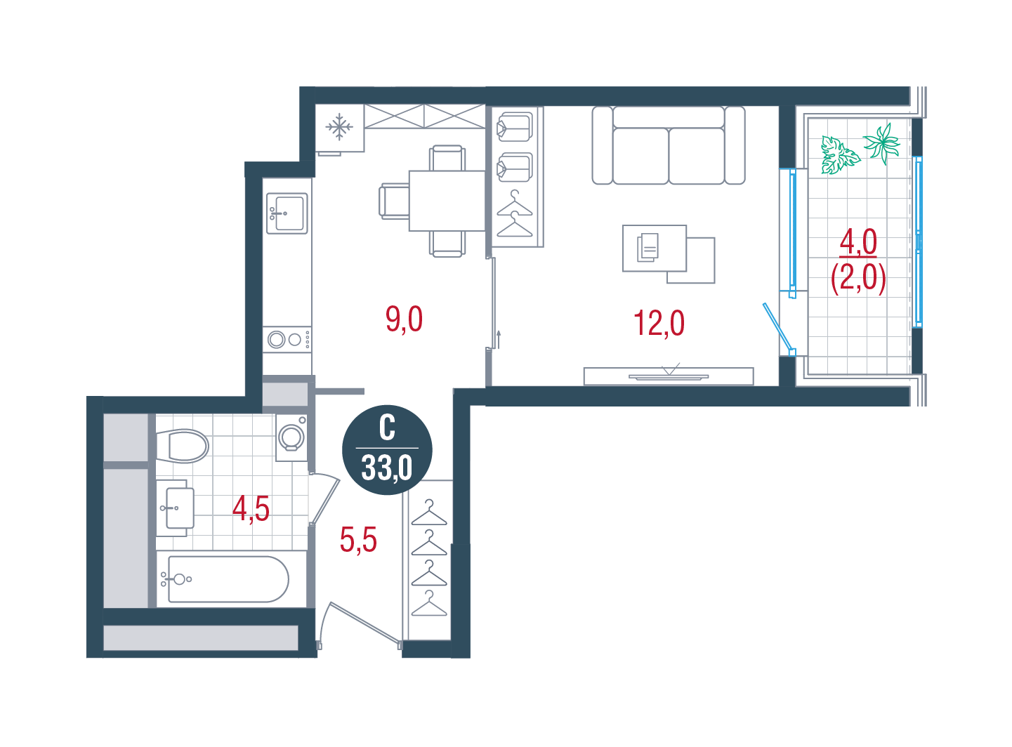 студия, 33 м², 27 этаж 