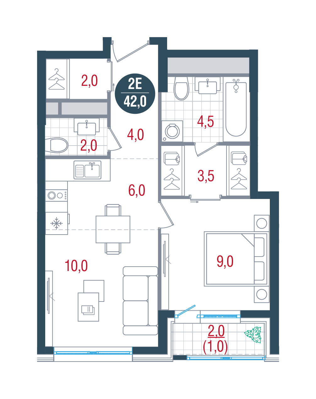 2 комн. квартира, 42 м², 27 этаж 