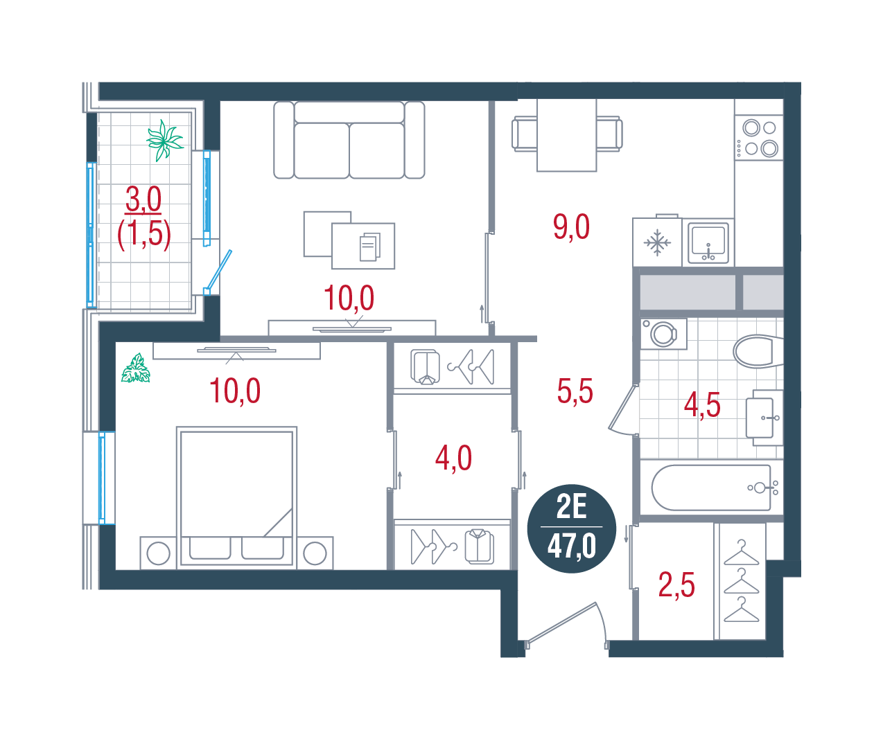 2 комн. квартира, 47 м², 27 этаж 