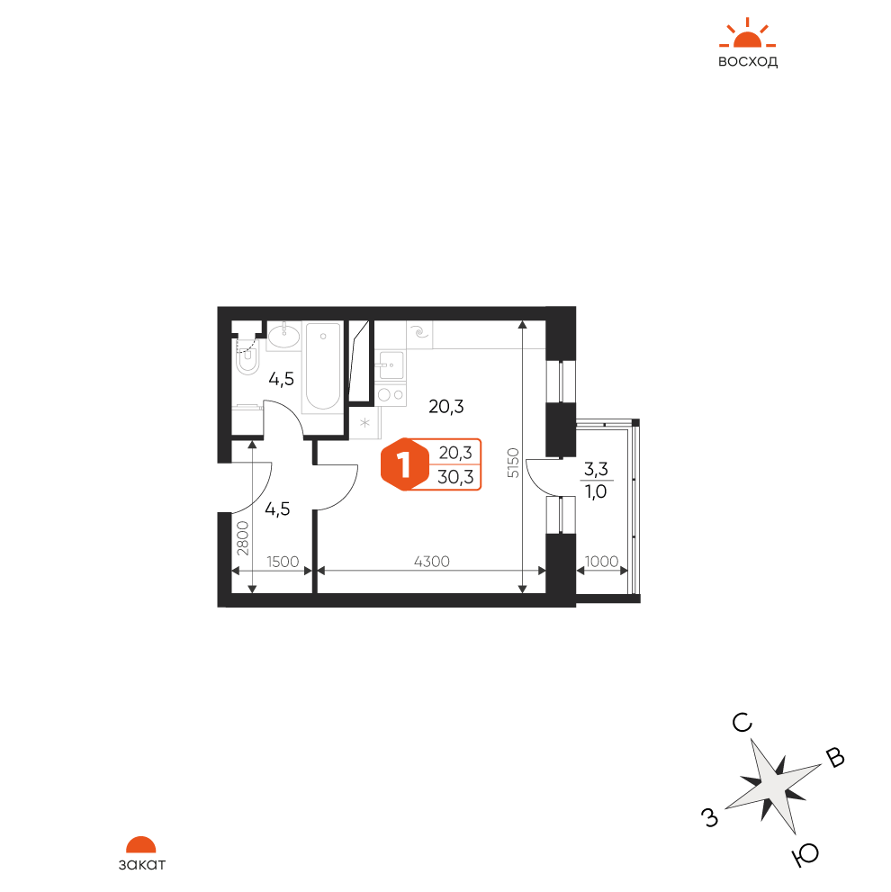 1 комн. квартира, 30.3 м², 3 этаж 
