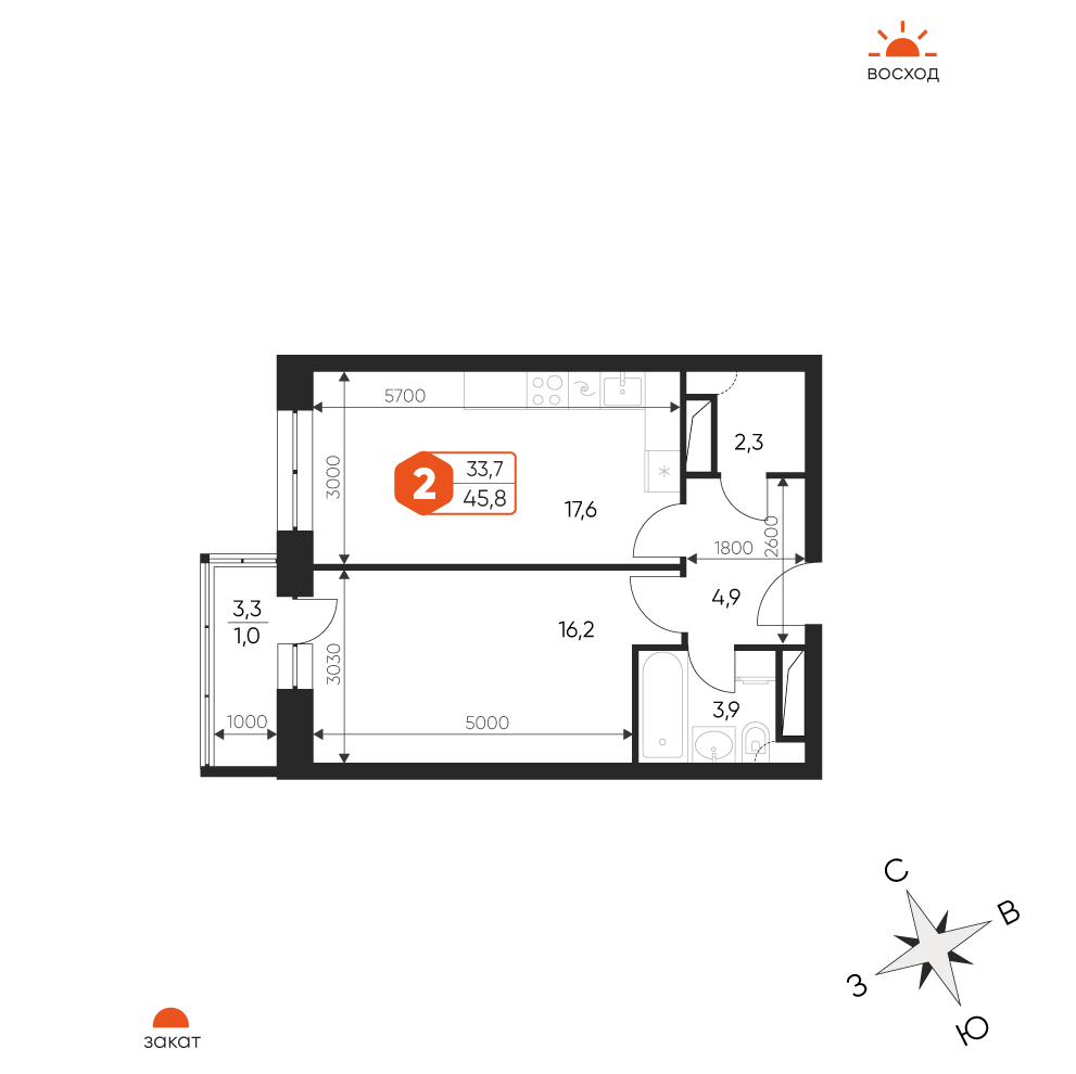2 комн. квартира, 45.8 м², 3 этаж 