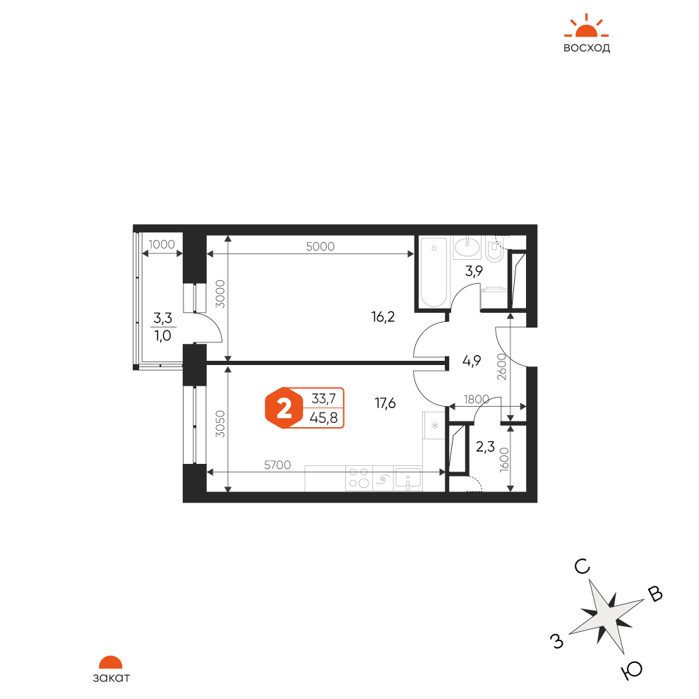 2 комн. квартира, 45.8 м², 13 этаж 