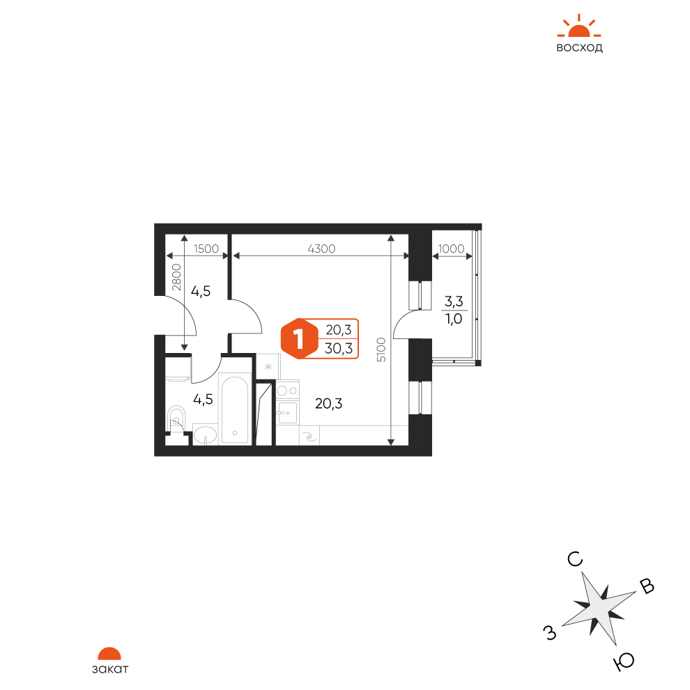 1 комн. квартира, 30.3 м², 13 этаж 