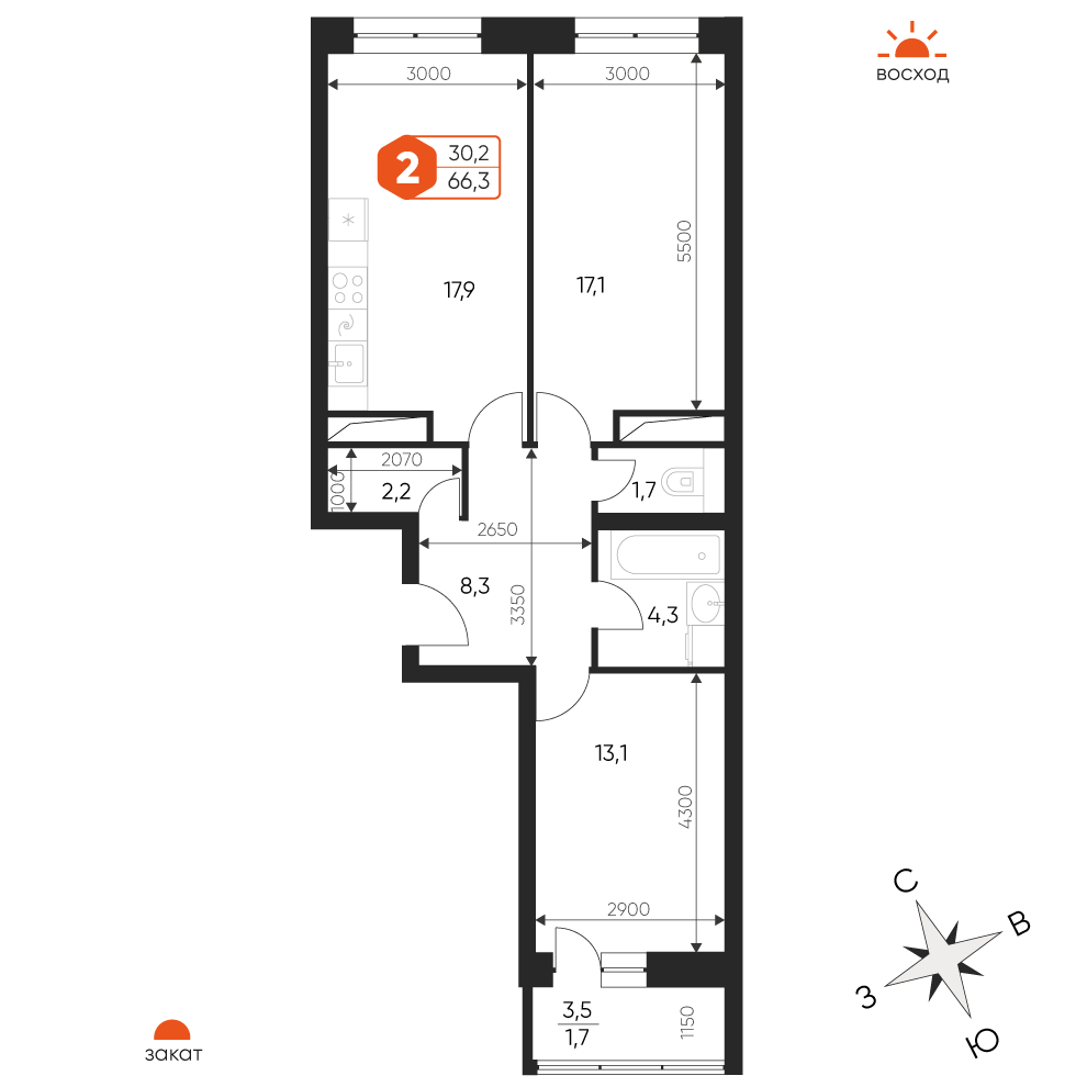 3 комн. квартира, 66.3 м², 12 этаж 