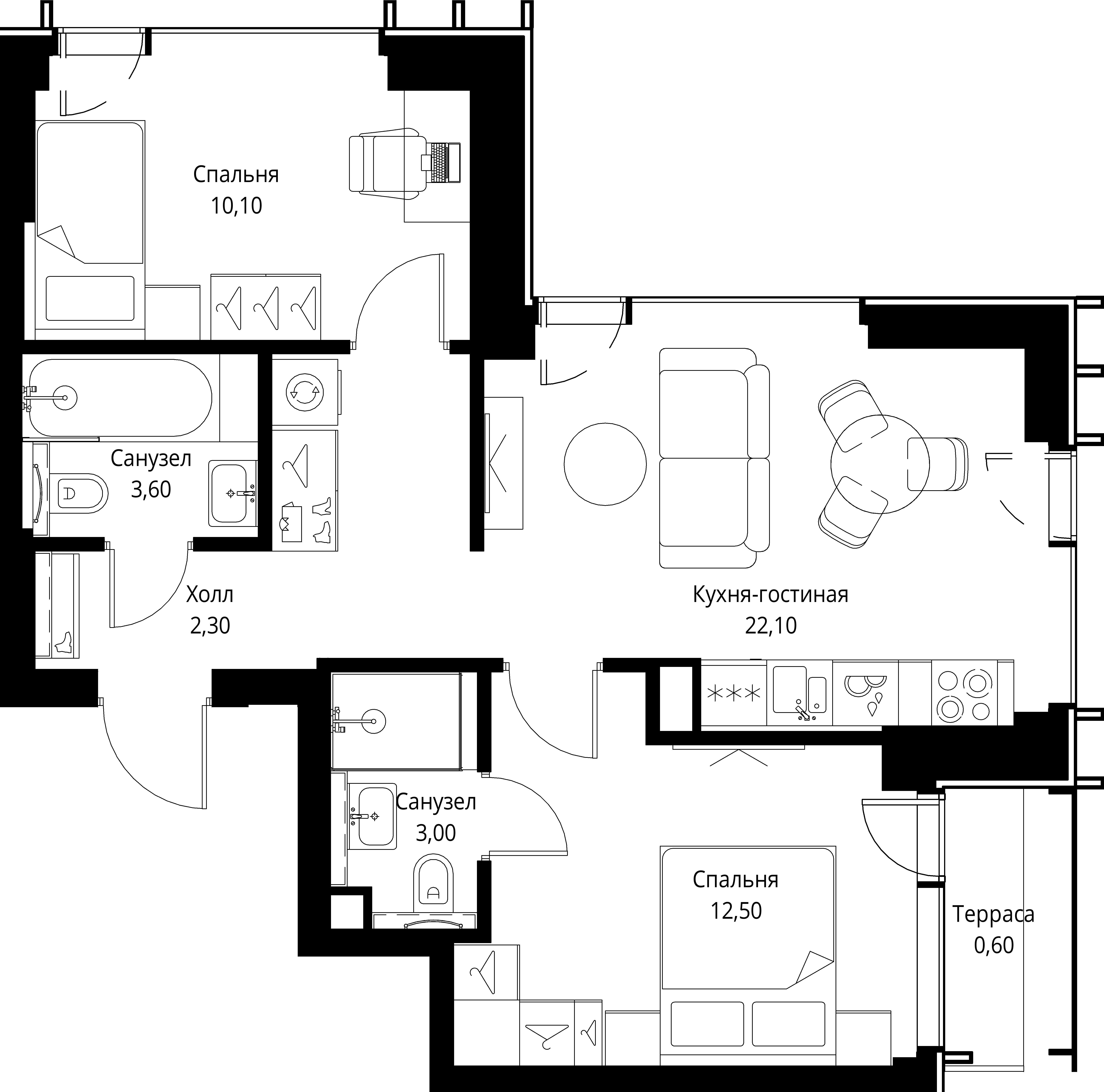 2 комн. квартира, 54.2 м², 45 этаж 