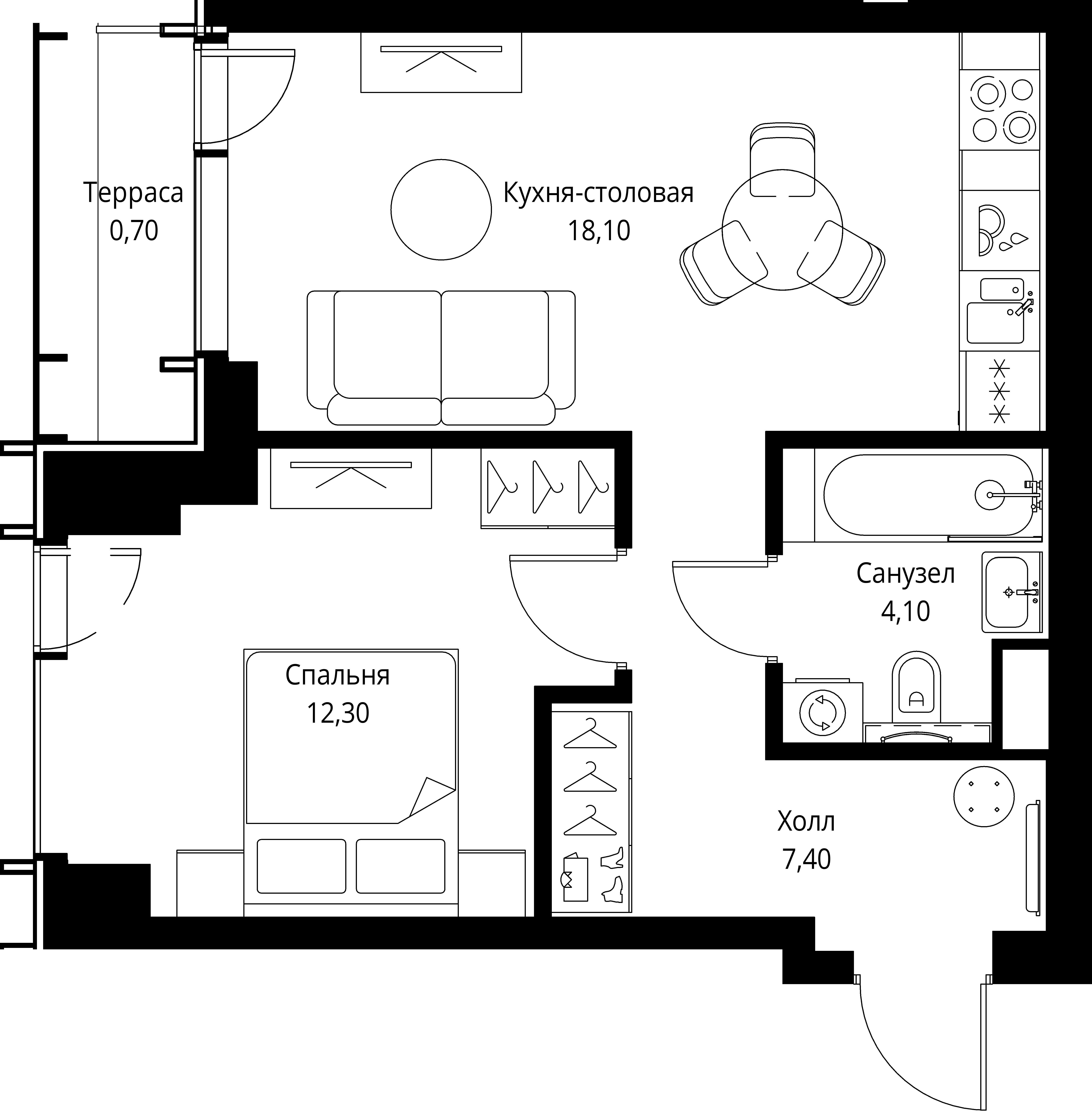 1 комн. квартира, 42.6 м², 19 этаж 