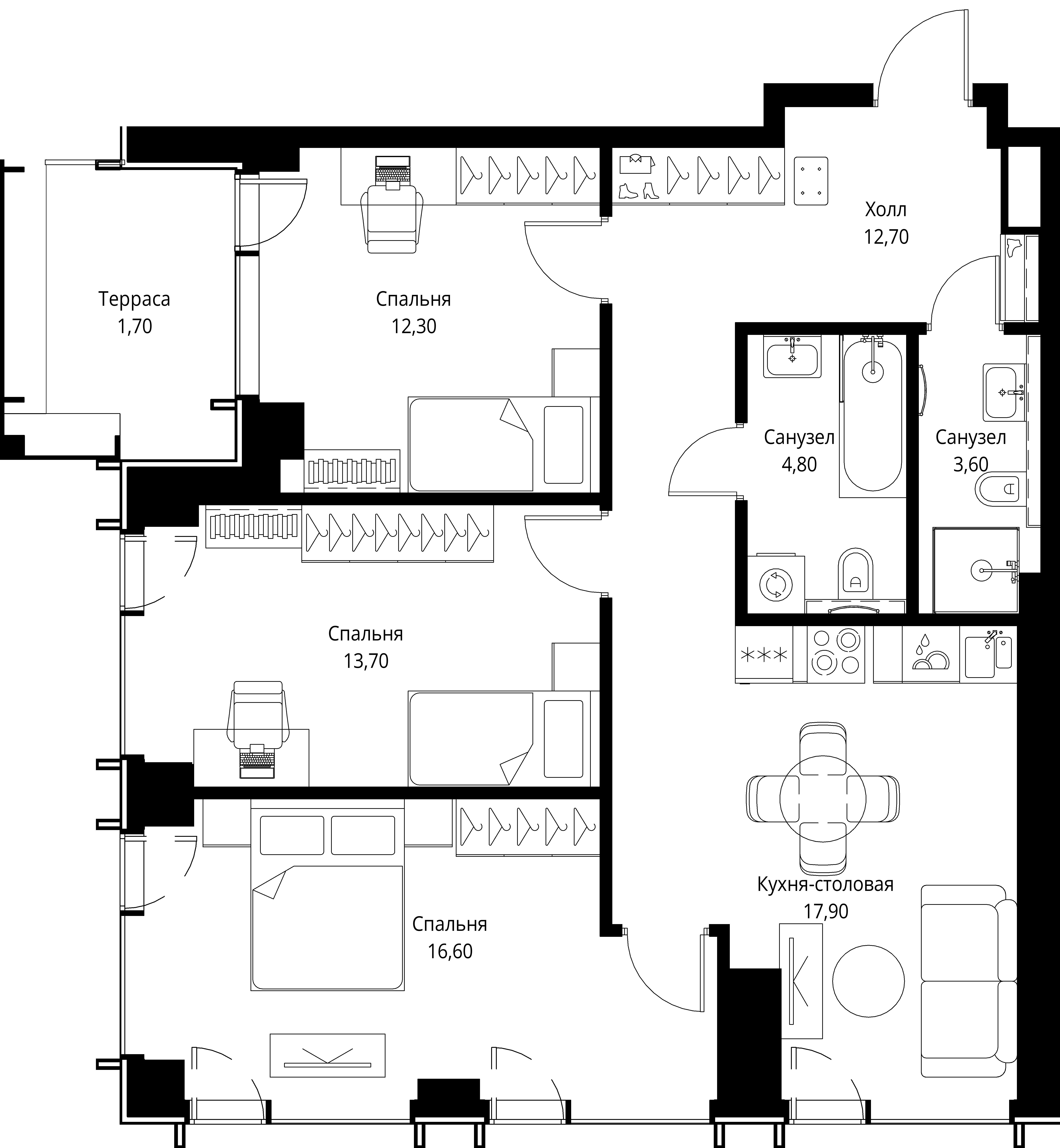 3 комн. квартира, 83.3 м², 13 этаж 