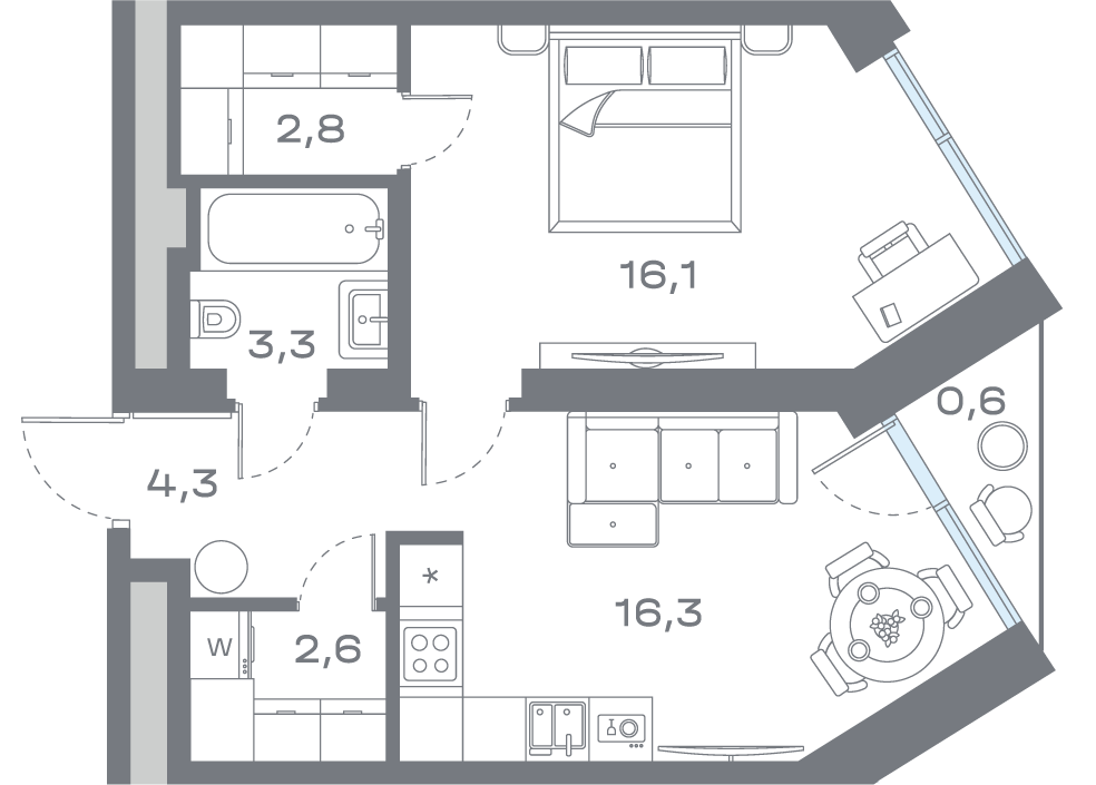 1 комн. квартира, 45.9 м², 4 этаж 