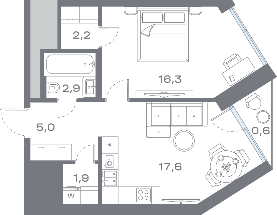 1 комн. квартира, 46.3 м², 4 этаж 