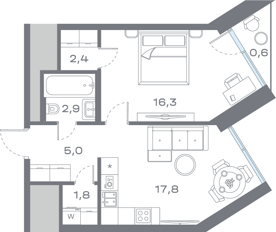 1 комн. квартира, 46.7 м², 5 этаж 