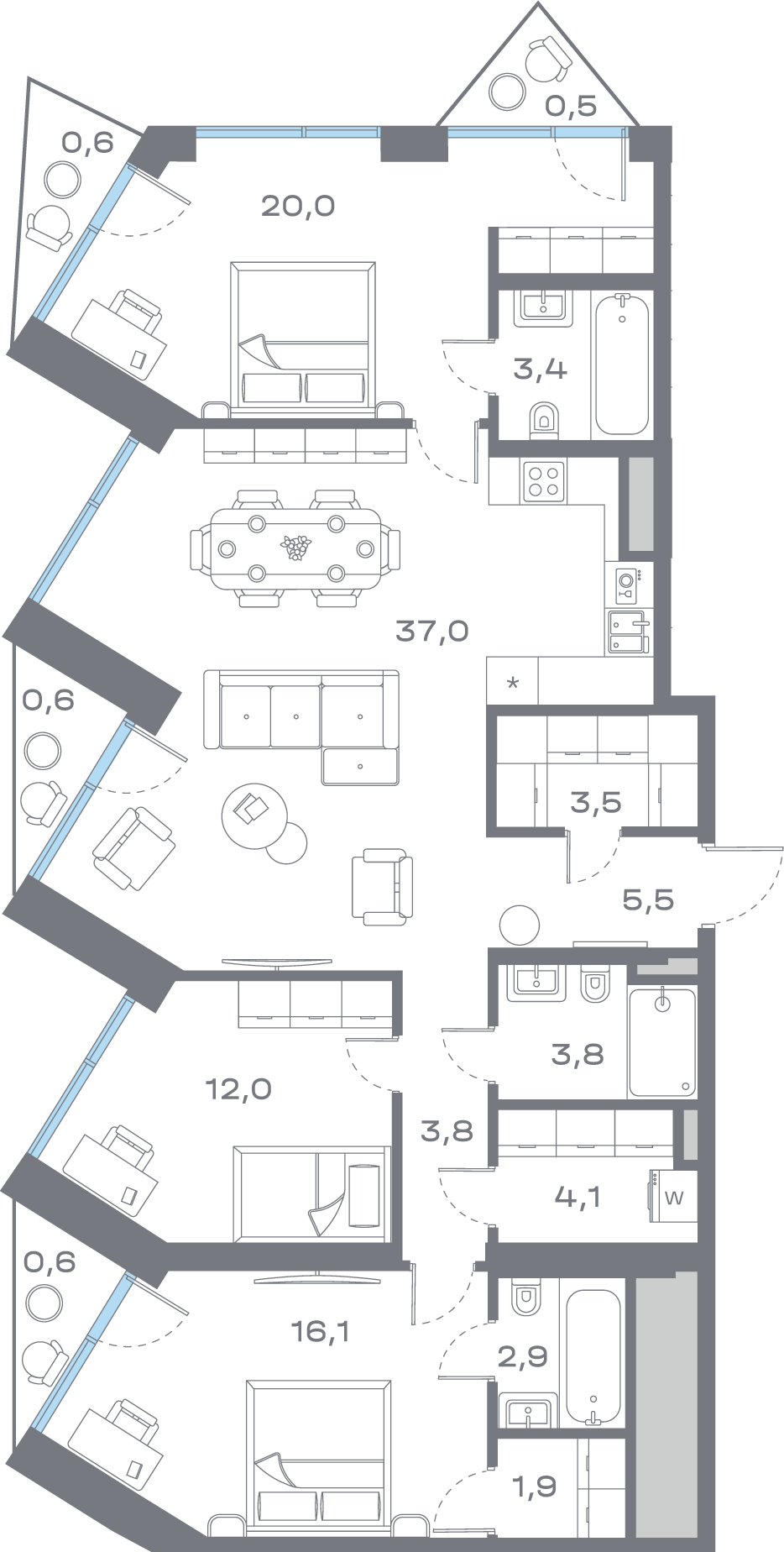 3 комн. квартира, 116.3 м², 6 этаж 