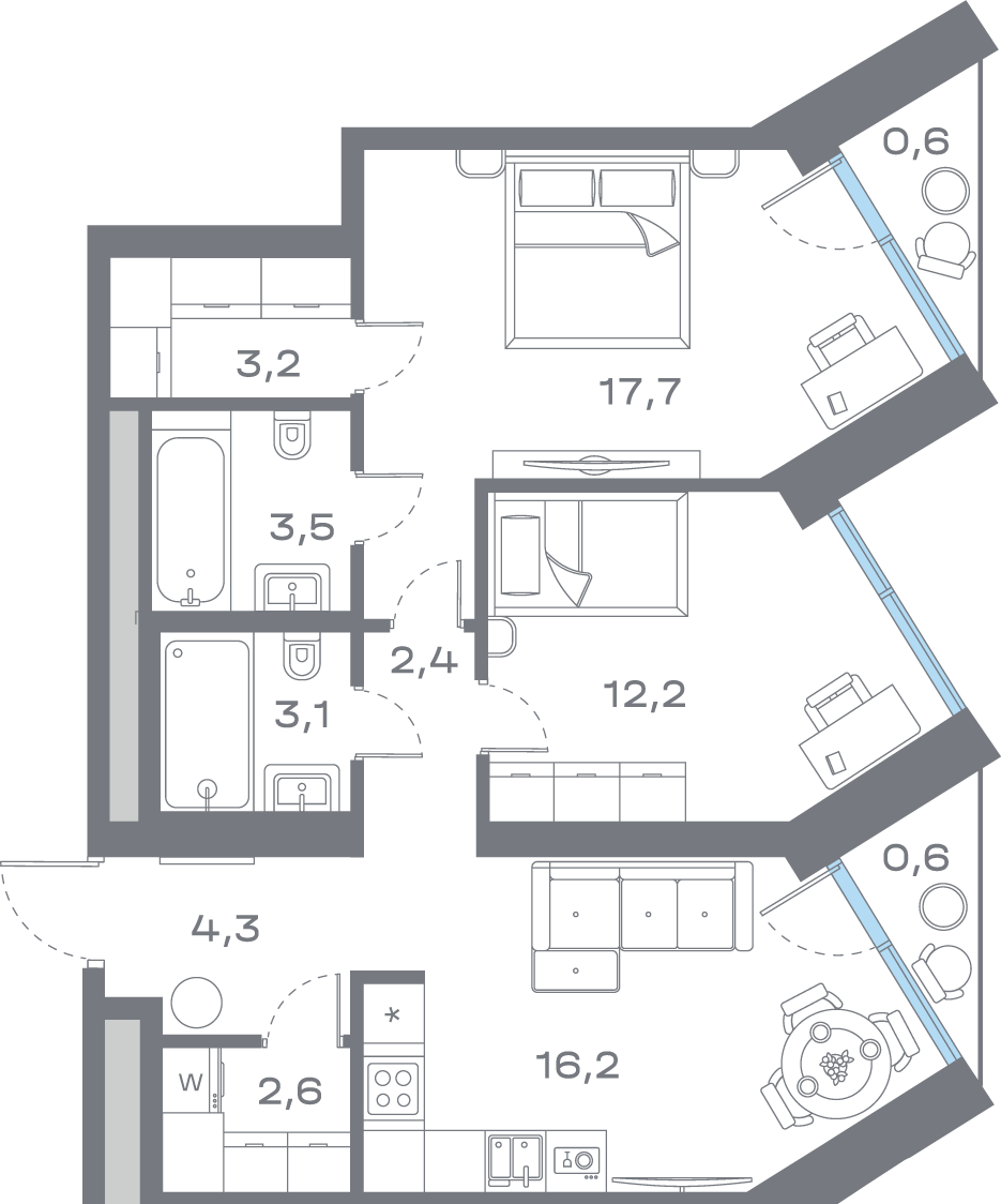 2 комн. квартира, 66.4 м², 6 этаж 
