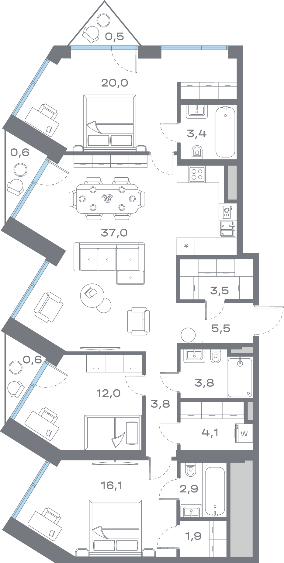 3 комн. квартира, 115.7 м², 7 этаж 