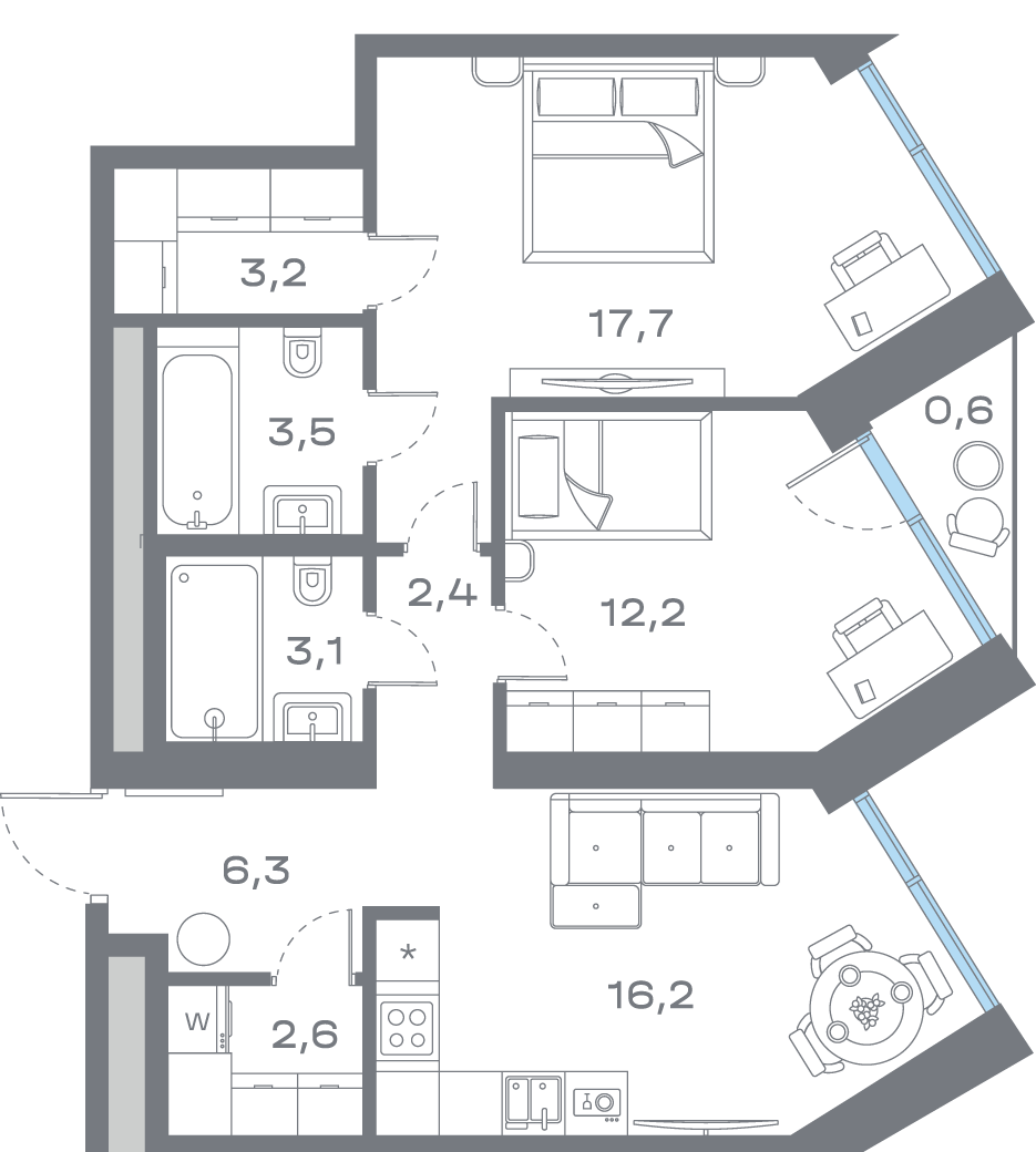 2 комн. квартира, 65.9 м², 7 этаж 