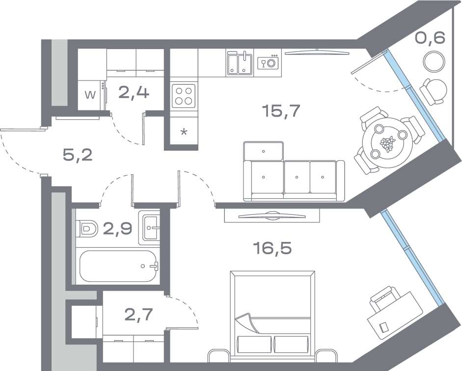 1 комн. квартира, 45.9 м², 7 этаж 